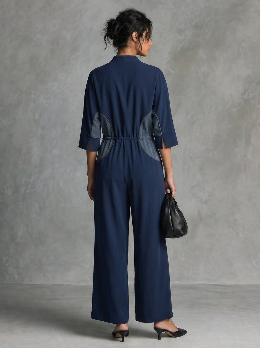 Women's Casual Dark Blue Stretch Knit Mid-Sleeve Jumpsuit MDZ1911H3LXY
