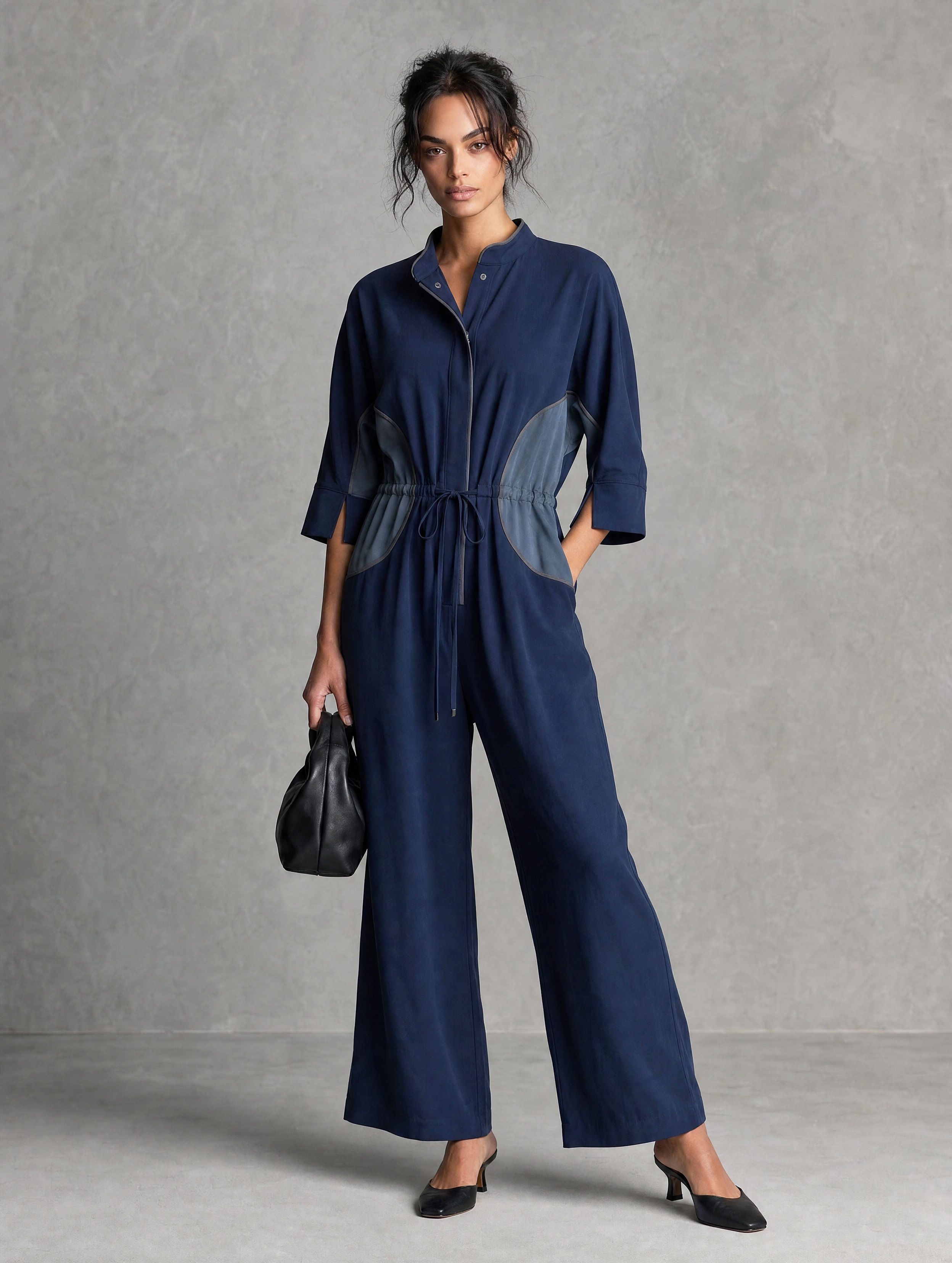 Women's Casual Dark Blue Stretch Knit Mid-Sleeve Jumpsuit MDZ1911H3LXY