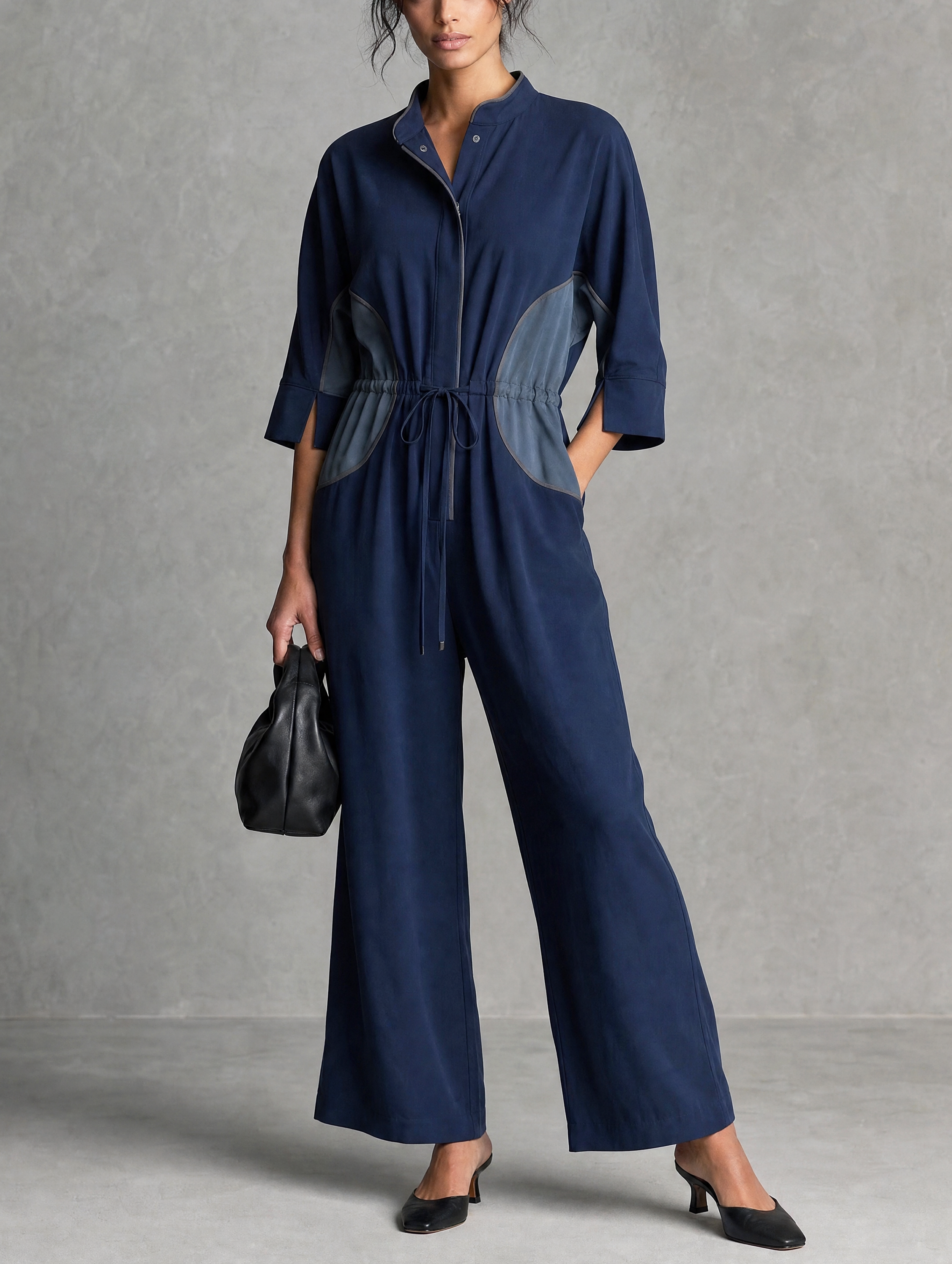 Women's Casual Dark Blue Stretch Knit Mid-Sleeve Jumpsuit MDZ1911H3LXY