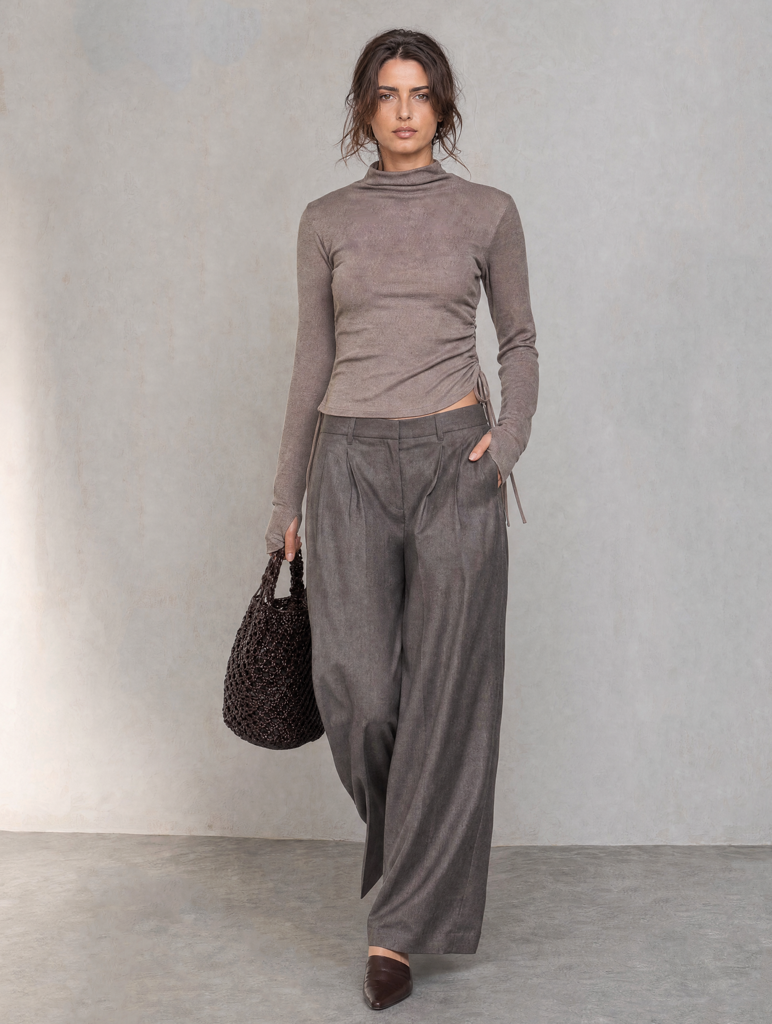 Women's Casual Grey Stretch-Knit Top And Dark Grey Woven Trousers 2-Piece Set MDZ1936H4LXY