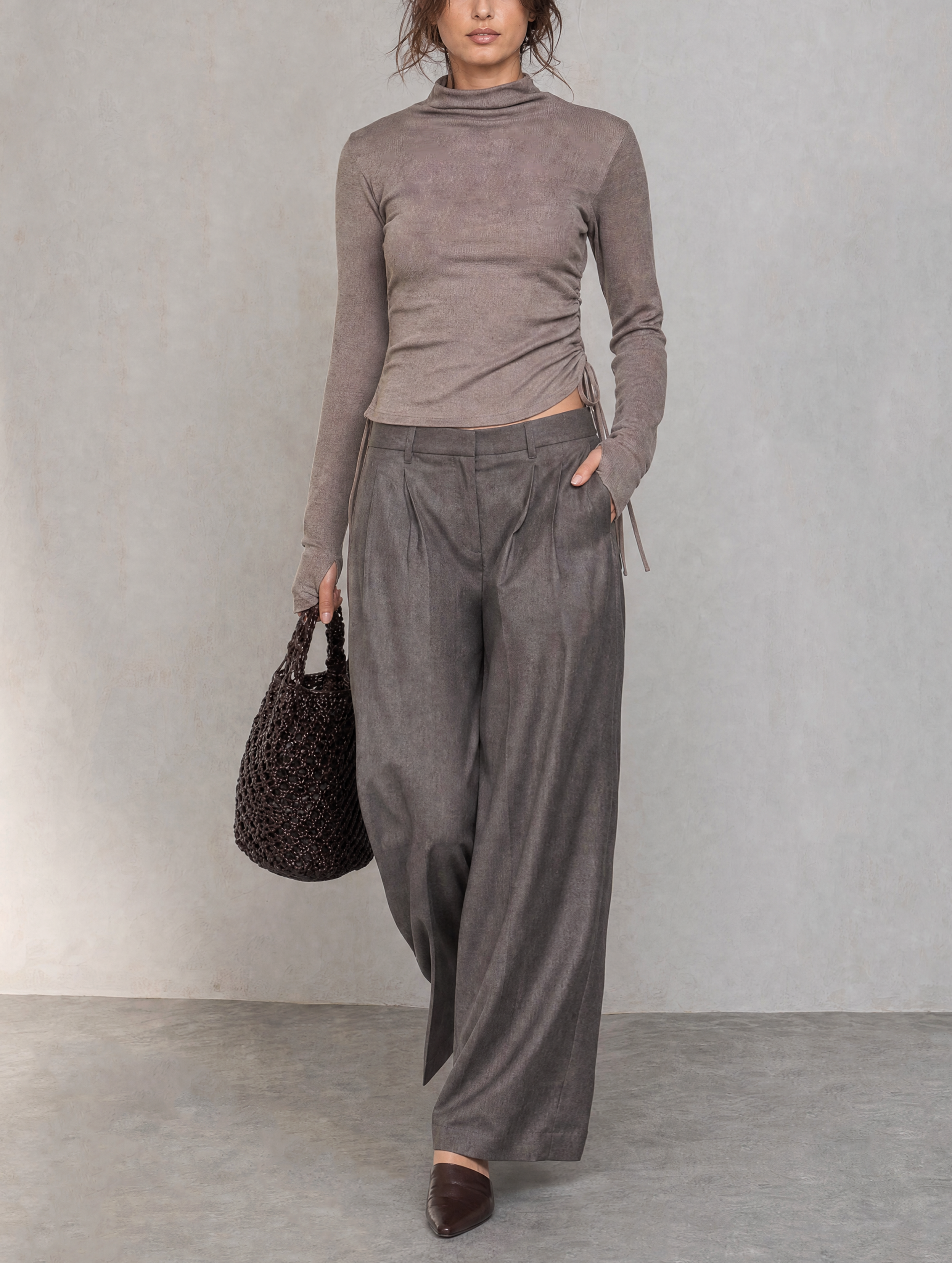 Women's Casual Grey Stretch-Knit Top And Dark Grey Woven Trousers 2-Piece Set MDZ1936H4LXY