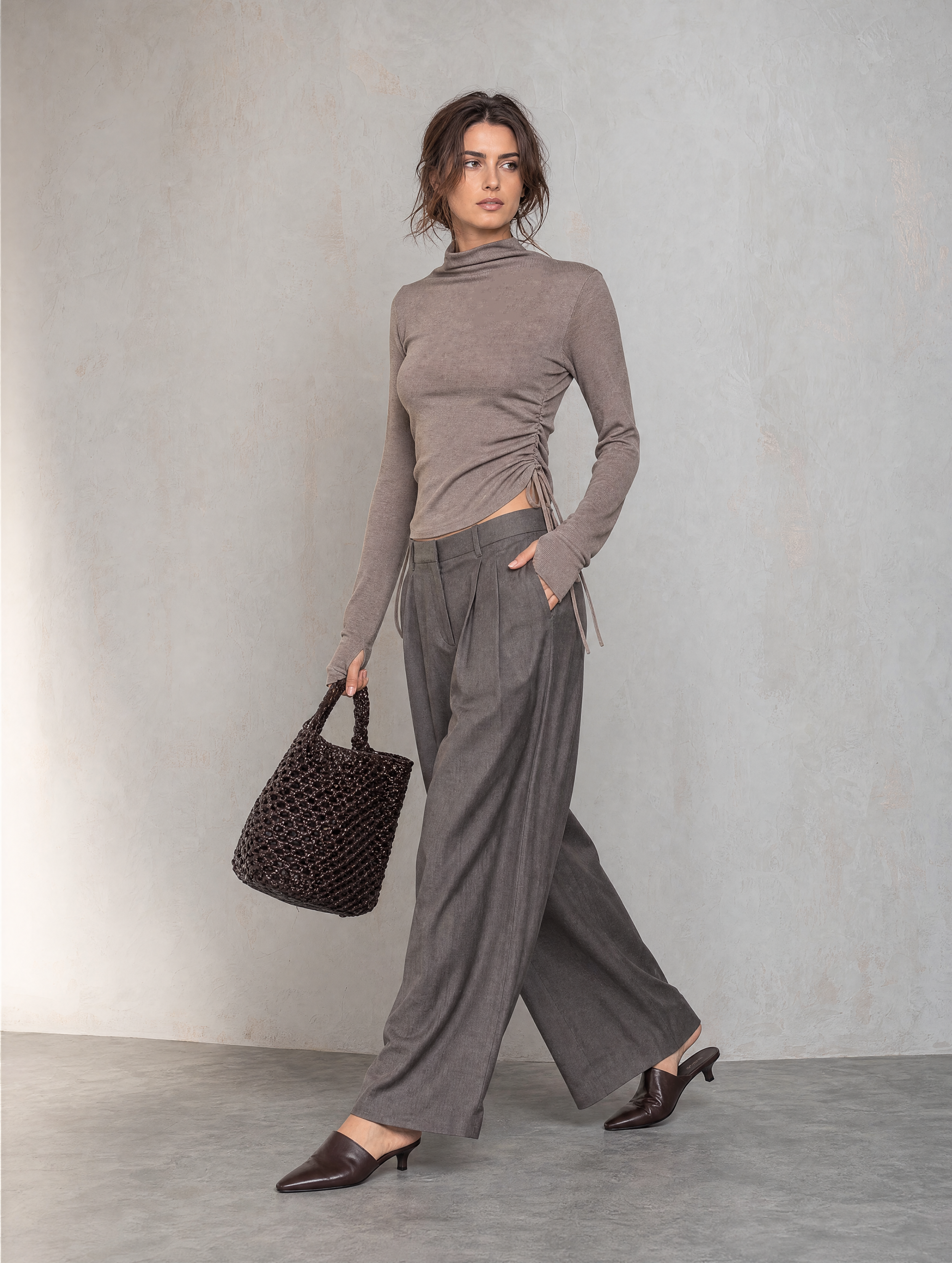 Women's Casual Grey Stretch-Knit Top And Dark Grey Woven Trousers 2-Piece Set MDZ1936H4LXY