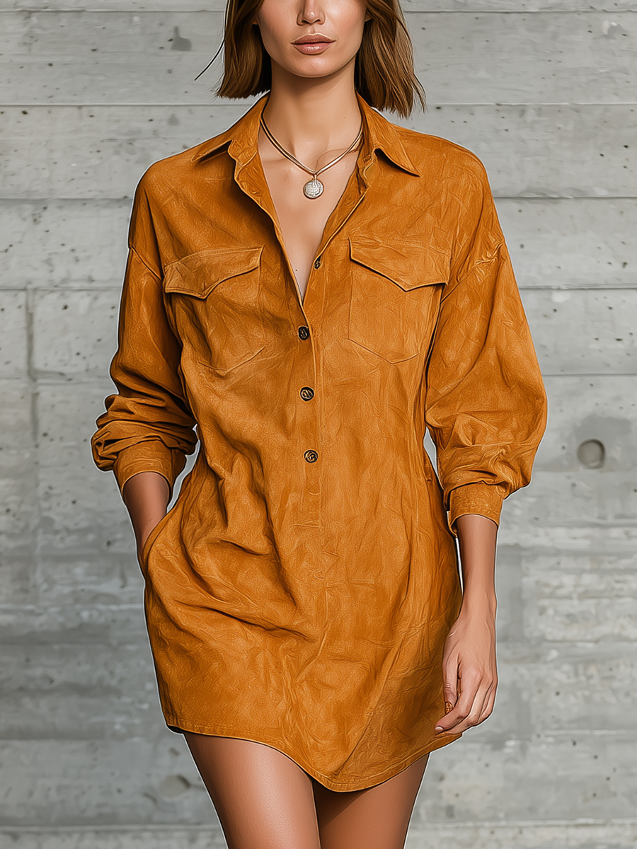 Women's Long Sleeve Camel Oversized Shirt Dress MDZ1999H8YZJ
