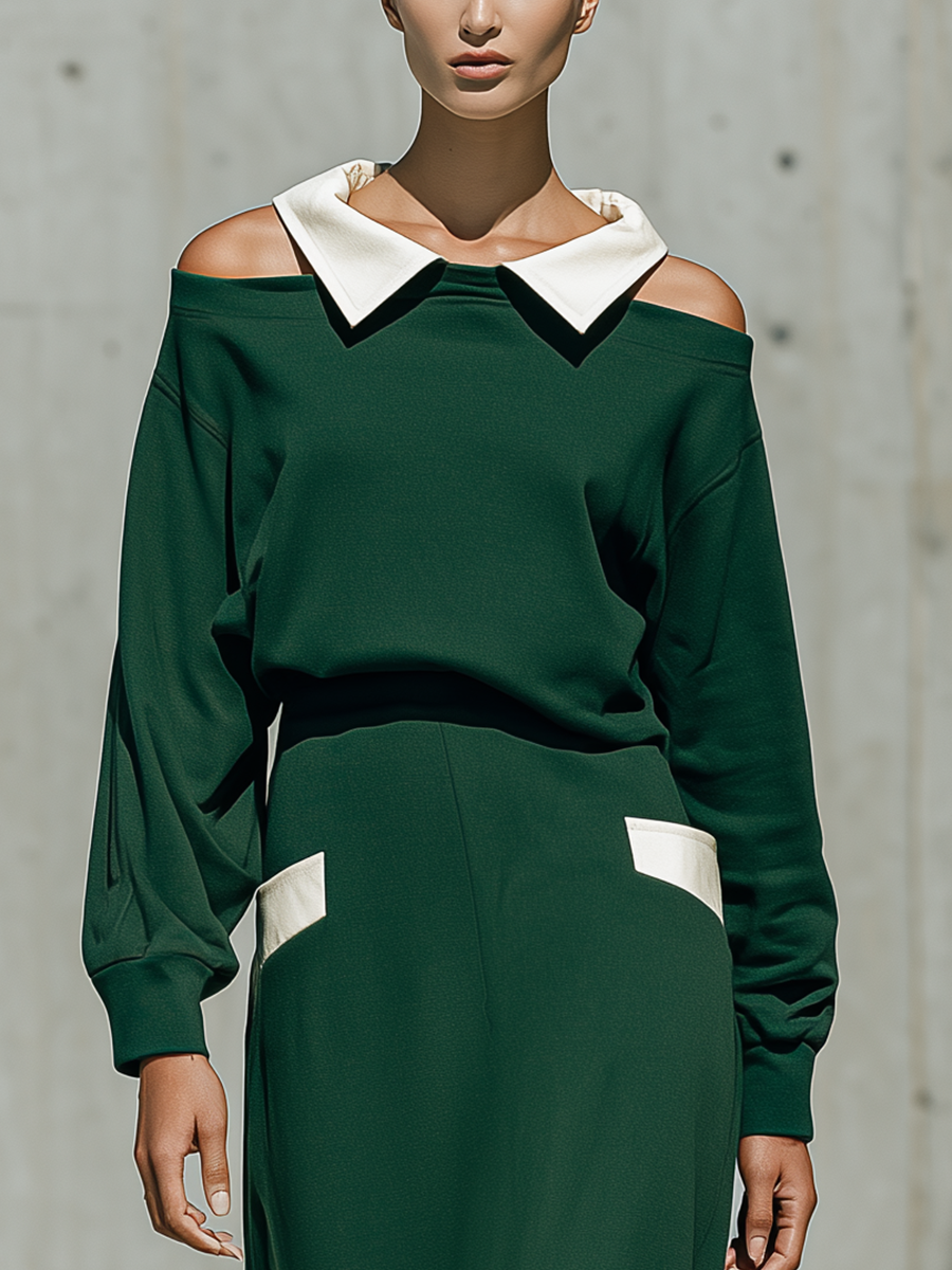 Women's Cold Shoulder Polo Collar Green Skirt Set MDZ1929H8YZJ