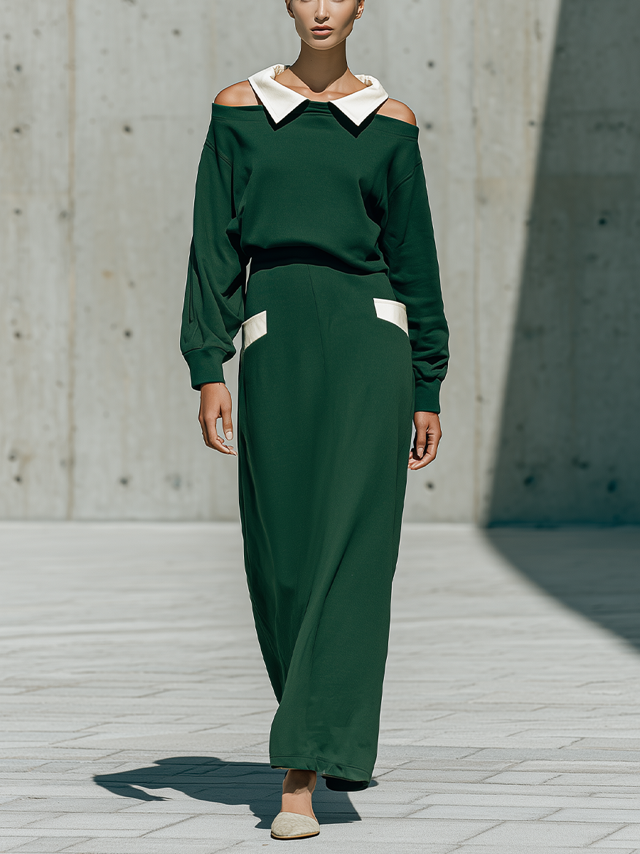 Women's Cold Shoulder Polo Collar Green Skirt Set MDZ1929H8YZJ