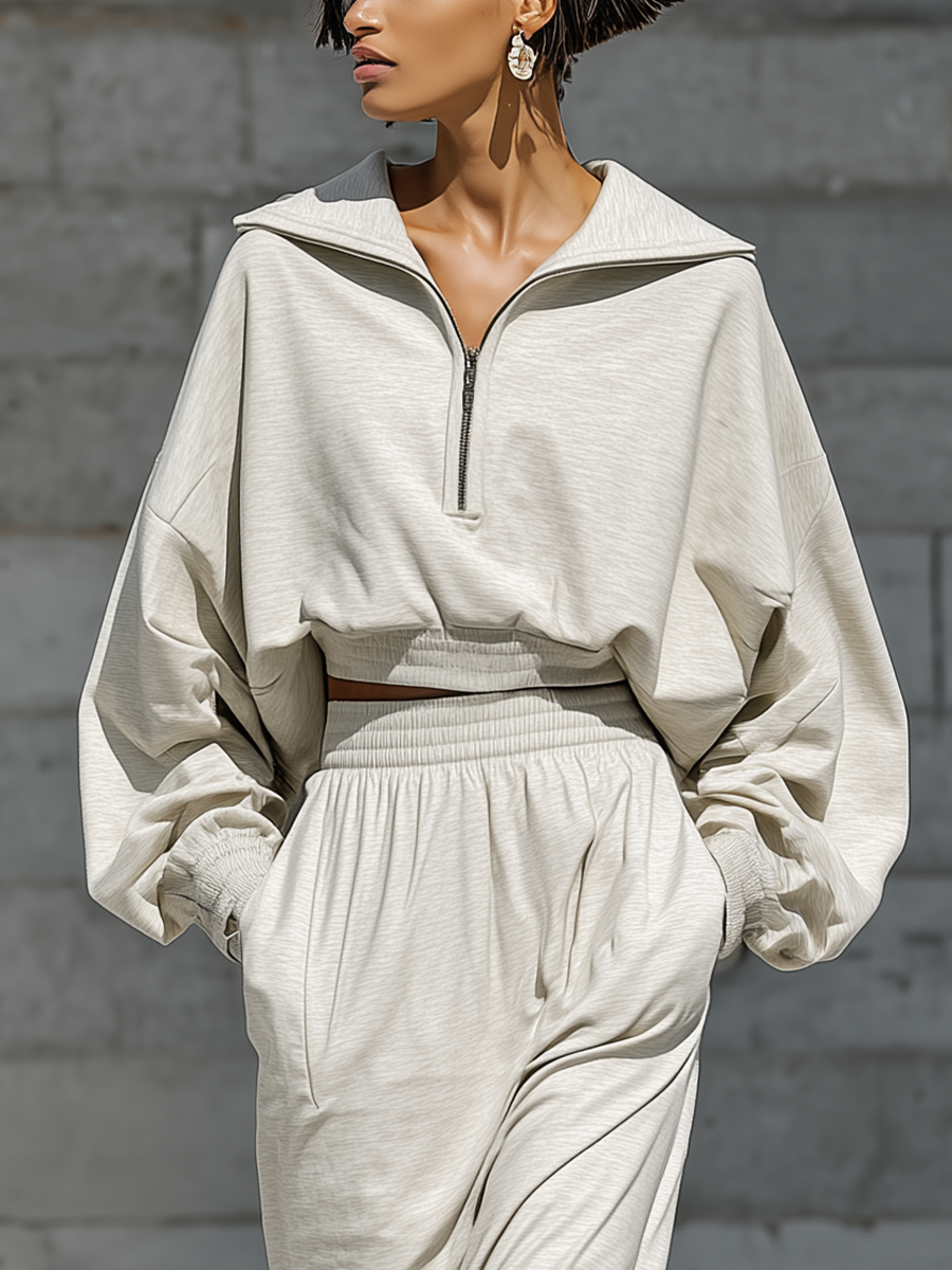 Women's Quarter Zip Batwing Sleeve Beige Skirt Set MDZ1985H6YZJ