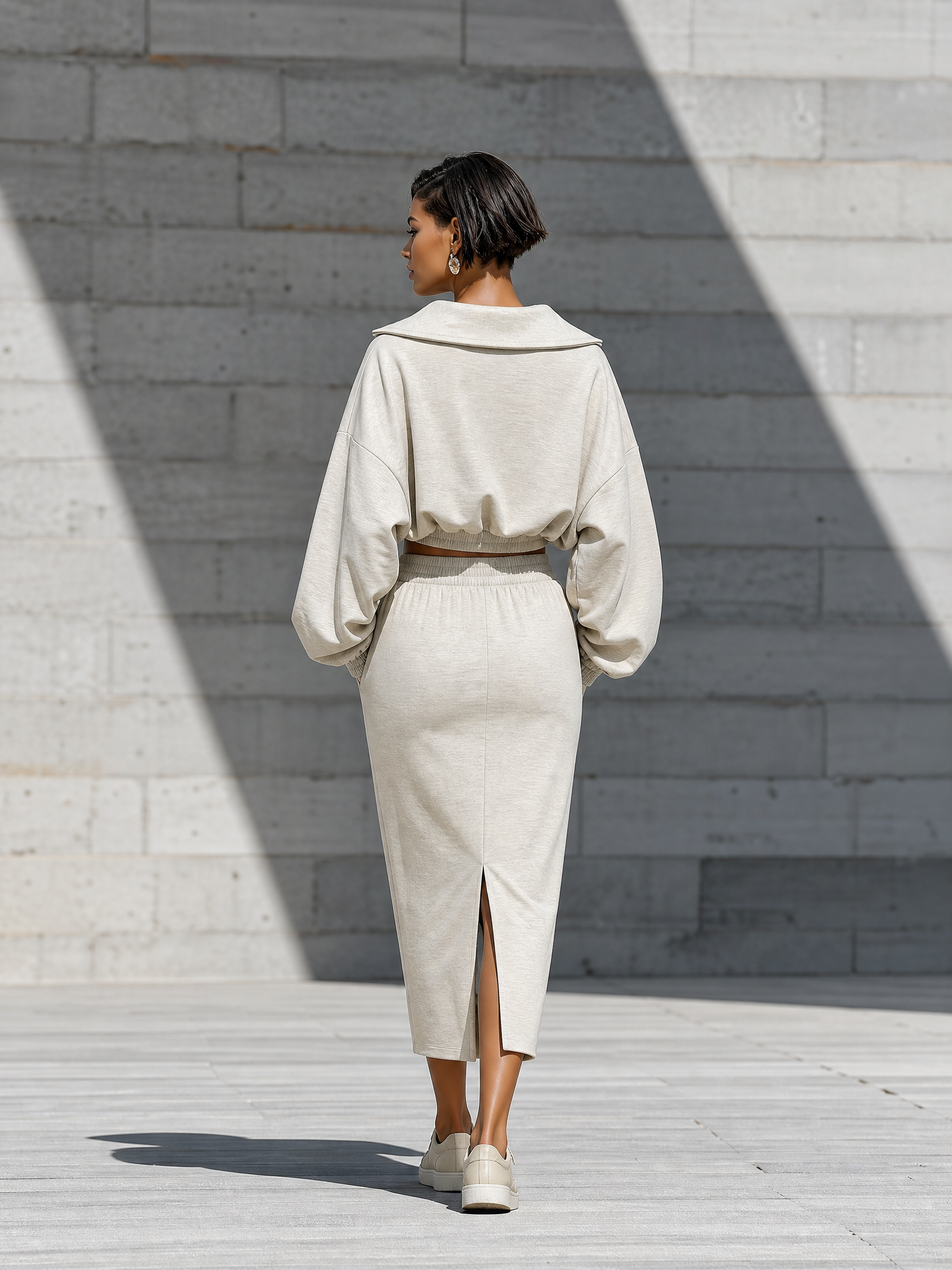 Women's Quarter Zip Batwing Sleeve Beige Skirt Set MDZ1985H6YZJ