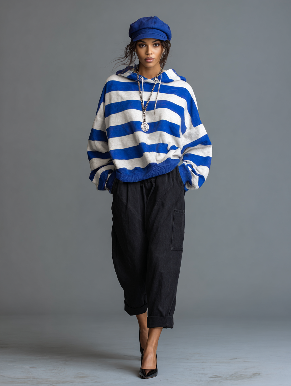 Women's Vintage Striped Hoodie And Washed Cotton Cargo Pants Set MDZ1977H4WY