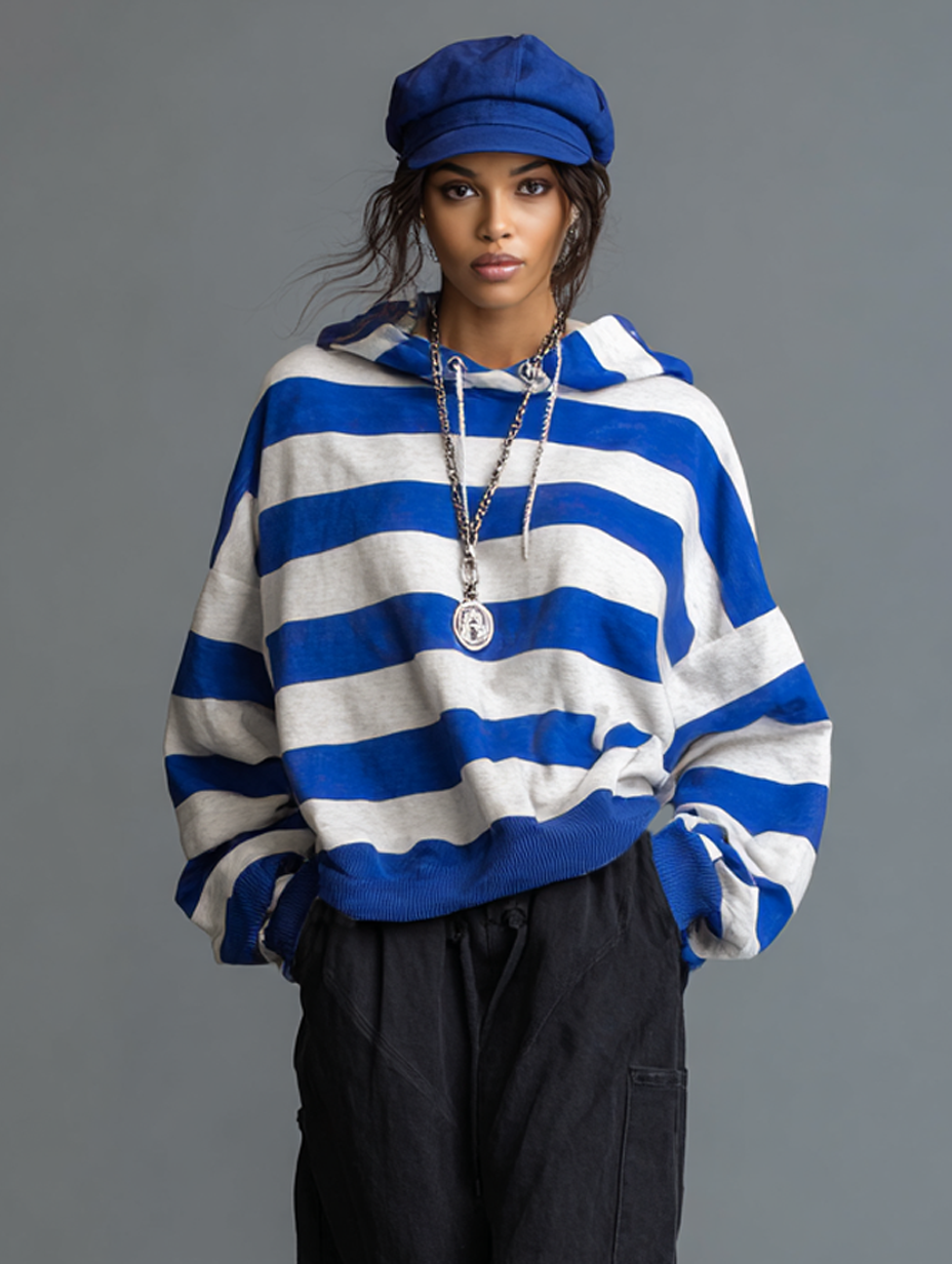 Women's Vintage Striped Hoodie And Washed Cotton Cargo Pants Set MDZ1977H4WY