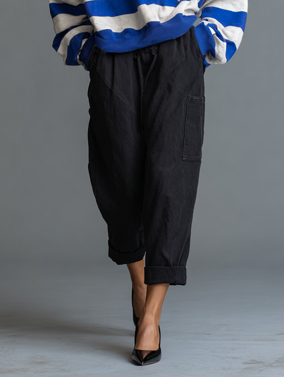 Women's Vintage Striped Hoodie And Washed Cotton Cargo Pants Set MDZ1977H4WY