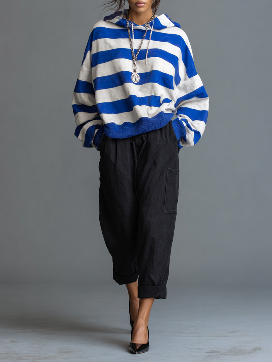 Women's Vintage Striped Hoodie And Washed Cotton Cargo Pants Set MDZ1977H4WY