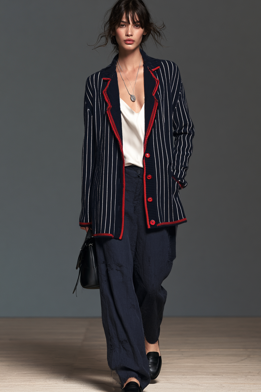 Women's Vintage Striped Single-Breasted Cardigan With Red Trim MDZ1956H8WY