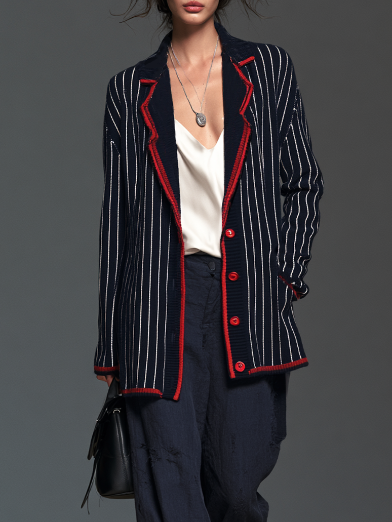 Women's Vintage Striped Single-Breasted Cardigan With Red Trim MDZ1956H8WY
