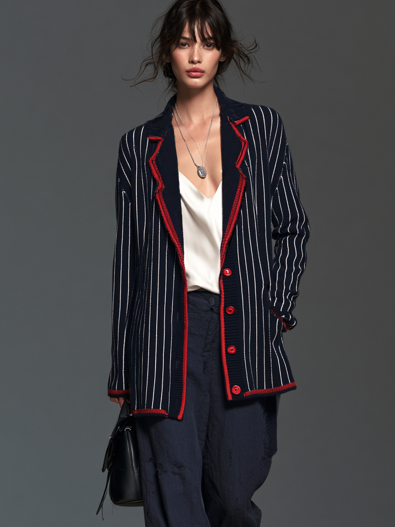 Women's Vintage Striped Single-Breasted Cardigan With Red Trim MDZ1956H8WY