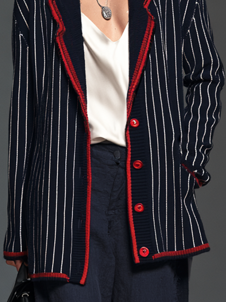Women's Vintage Striped Single-Breasted Cardigan With Red Trim MDZ1956H8WY