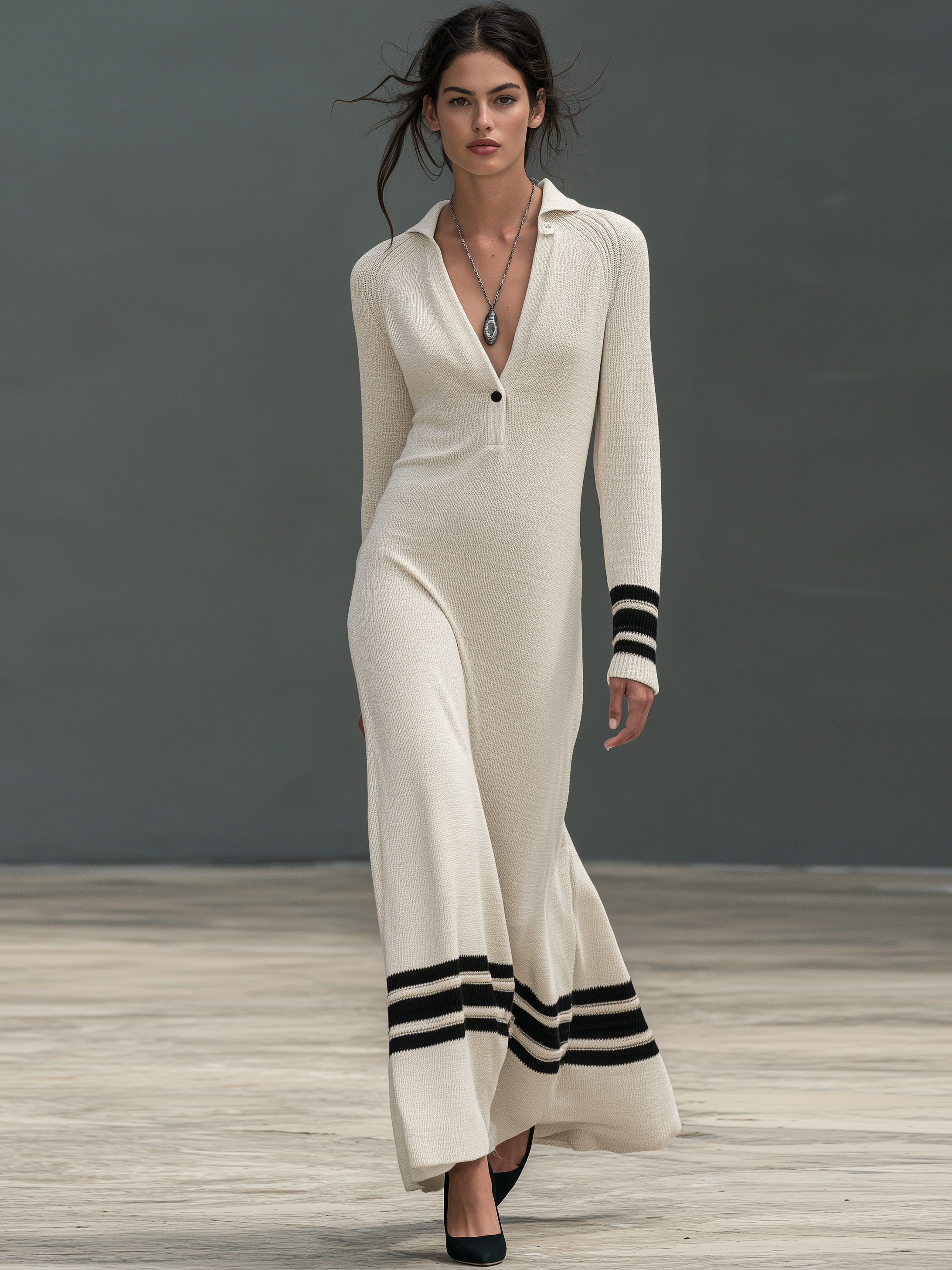 Women's Minimalist Button-Collar Striped Maxi Knit Dress MDZ1945H4WY