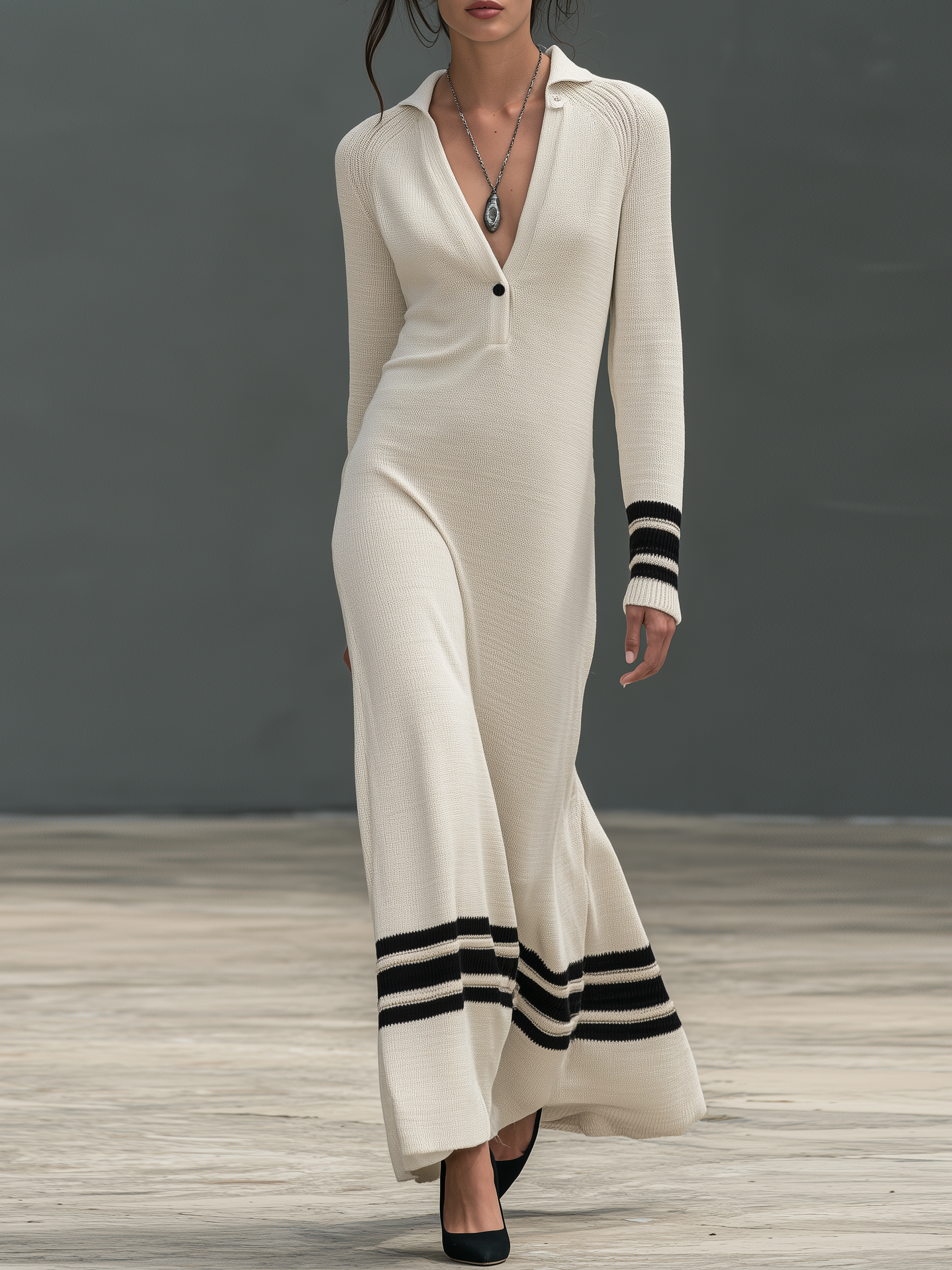 Women's Minimalist Button-Collar Striped Maxi Knit Dress MDZ1945H4WY