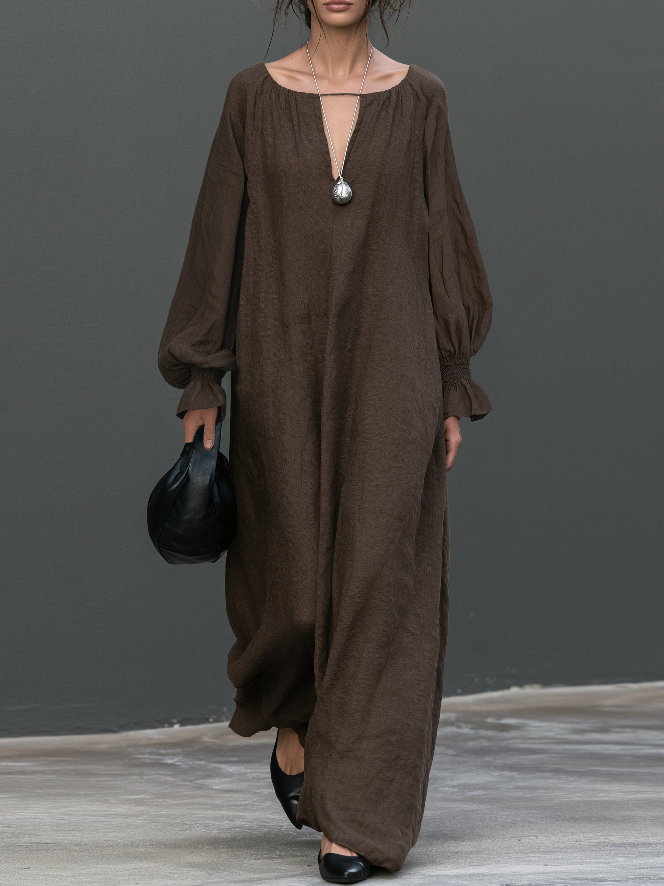 Women's Minimalist Long-Sleeve Maxi Dress With Cut-Out Neckline MDZ1952H0WY