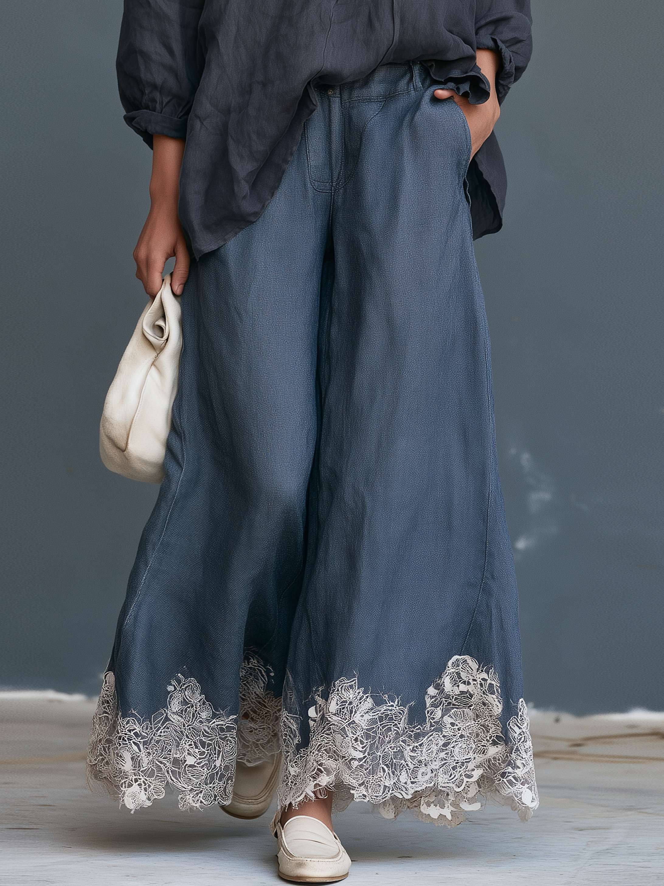 Women's Vintage-style Faux-denim Patchwork Blouse With Lace Hem Wide-leg Pants Set MDZ1948H9WY