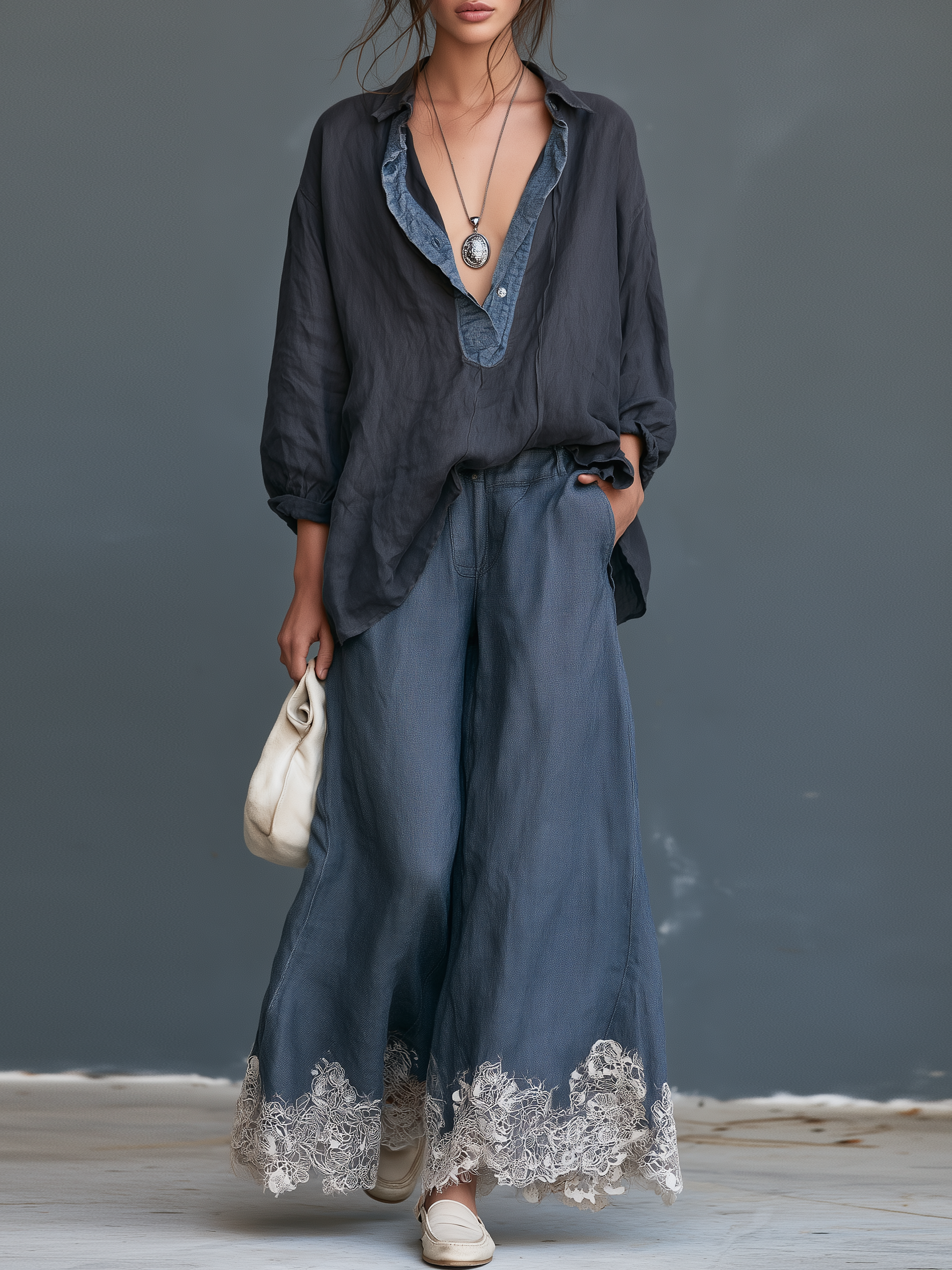 Women's Vintage-style Faux-denim Patchwork Blouse With Lace Hem Wide-leg Pants Set MDZ1948H9WY