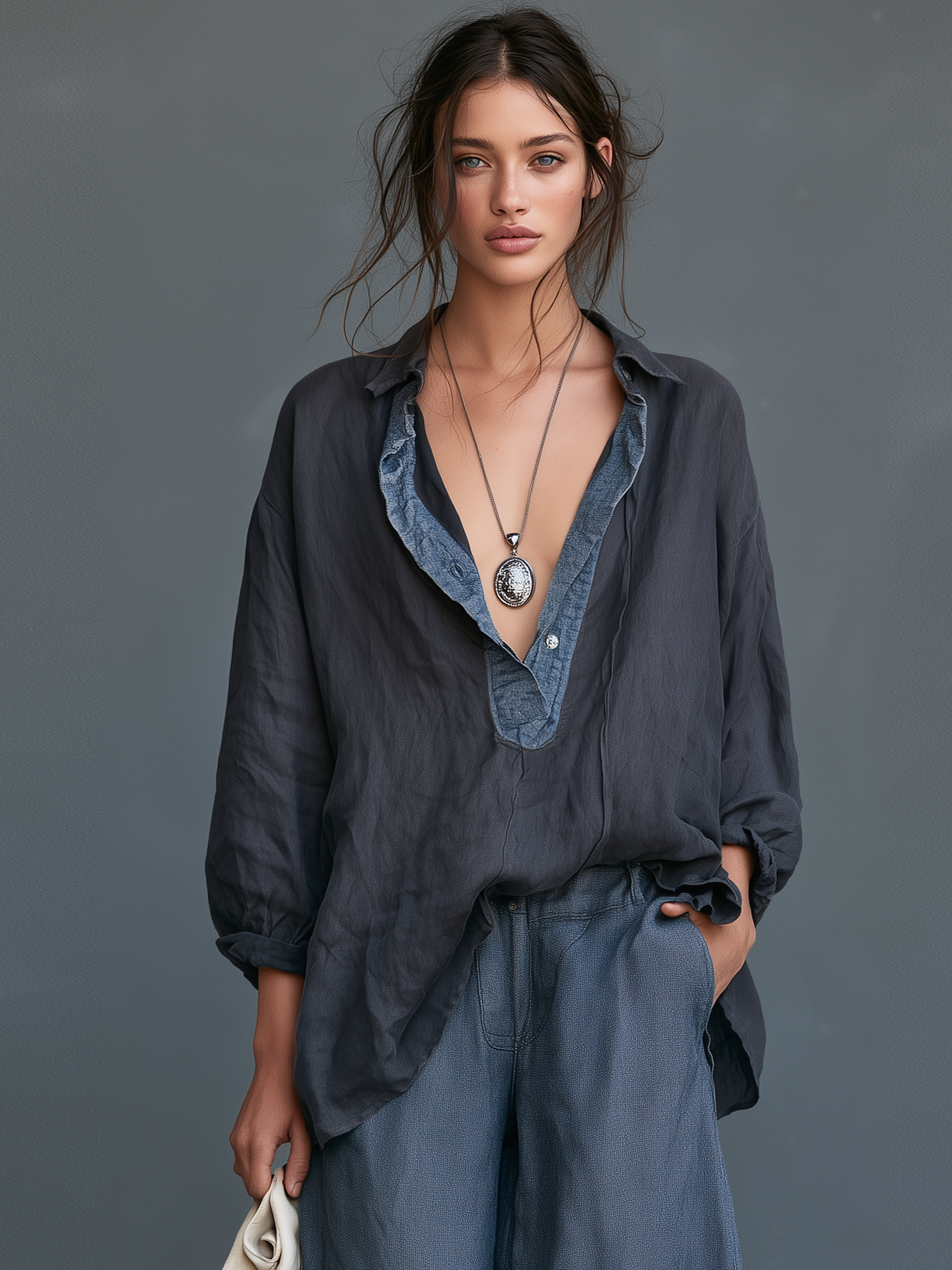 Women's Vintage-style Faux-denim Patchwork Blouse With Lace Hem Wide-leg Pants Set MDZ1948H9WY