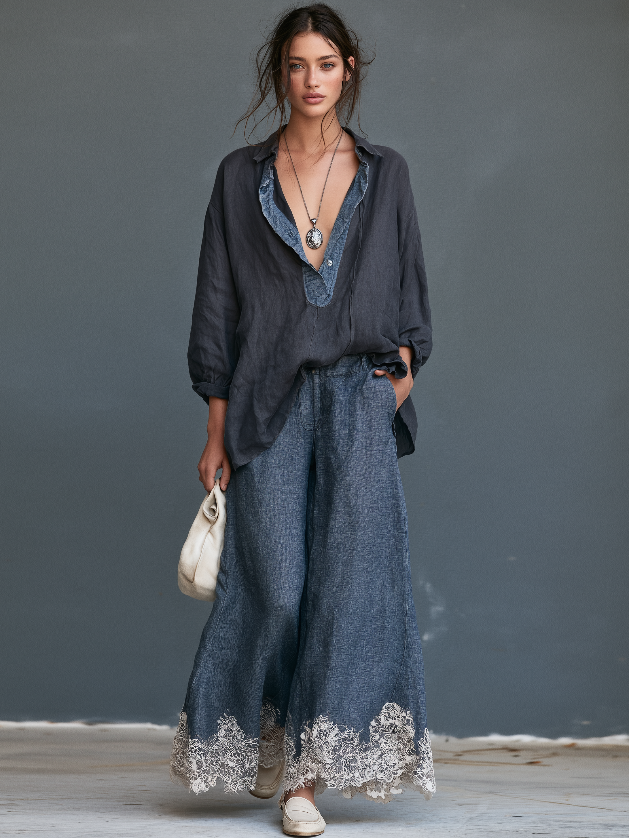 Women's Vintage-style Faux-denim Patchwork Blouse With Lace Hem Wide-leg Pants Set MDZ1948H9WY