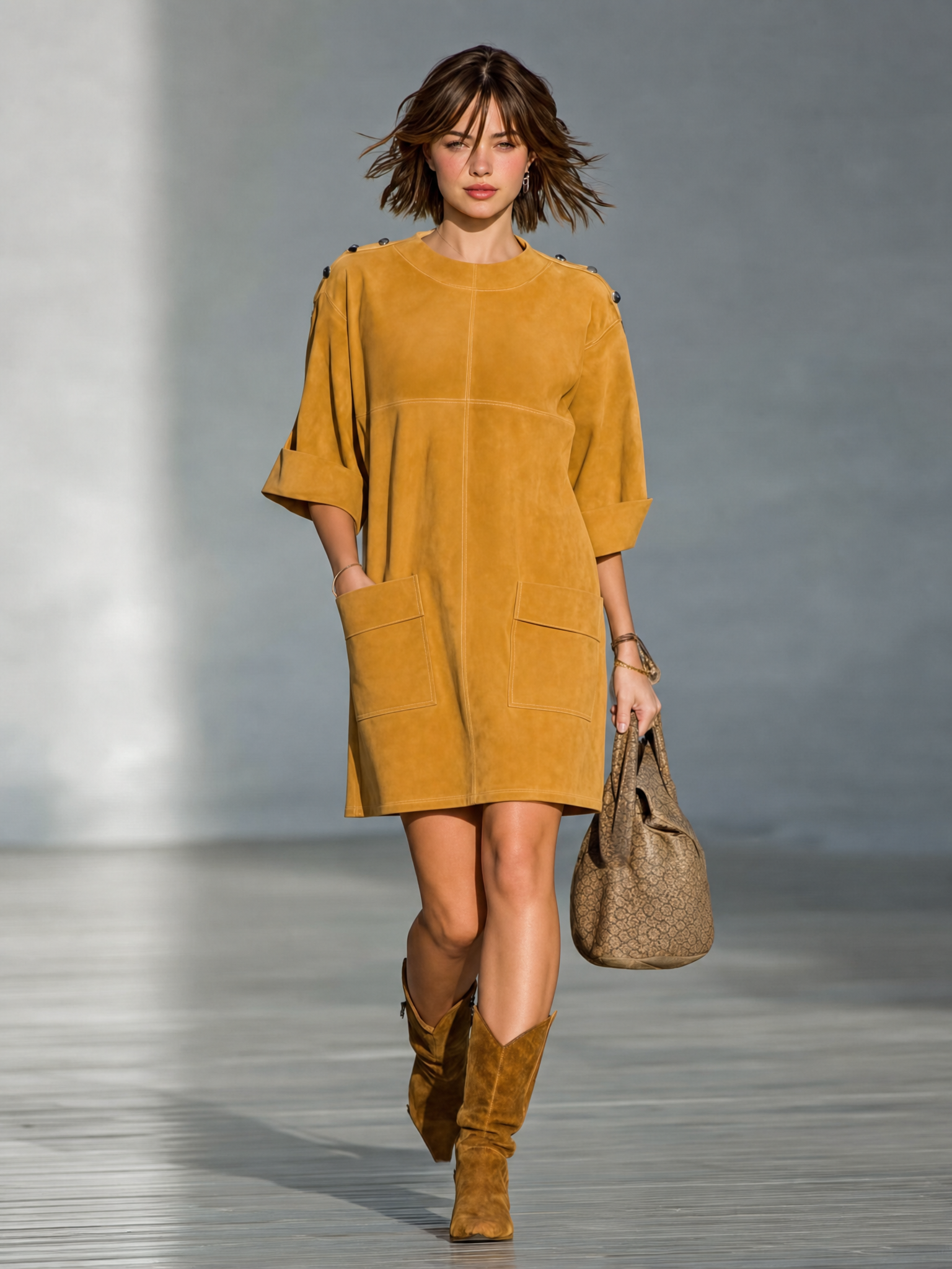 Women's Vintage-Style Faux Suede Mini Dress With Shoulder Buckle Detail And Mid-Length Sleeves MDZ1940H9WY