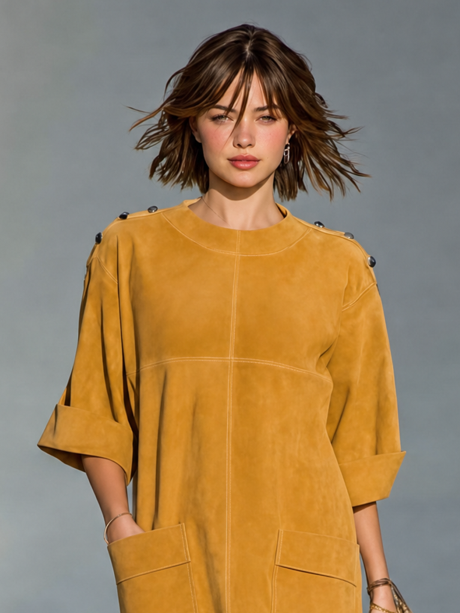 Women's Vintage-Style Faux Suede Mini Dress With Shoulder Buckle Detail And Mid-Length Sleeves MDZ1940H9WY