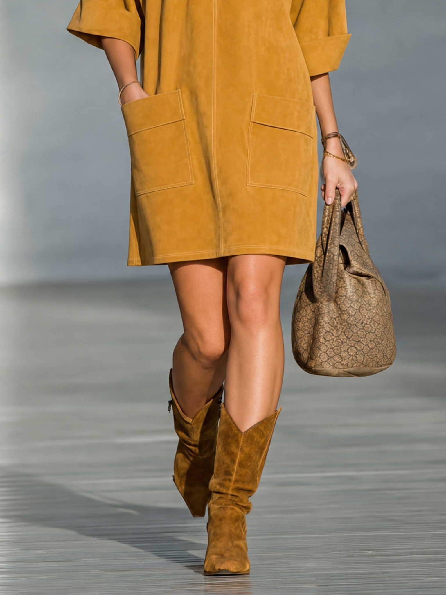 Women's Vintage-Style Faux Suede Mini Dress With Shoulder Buckle Detail And Mid-Length Sleeves MDZ1940H9WY