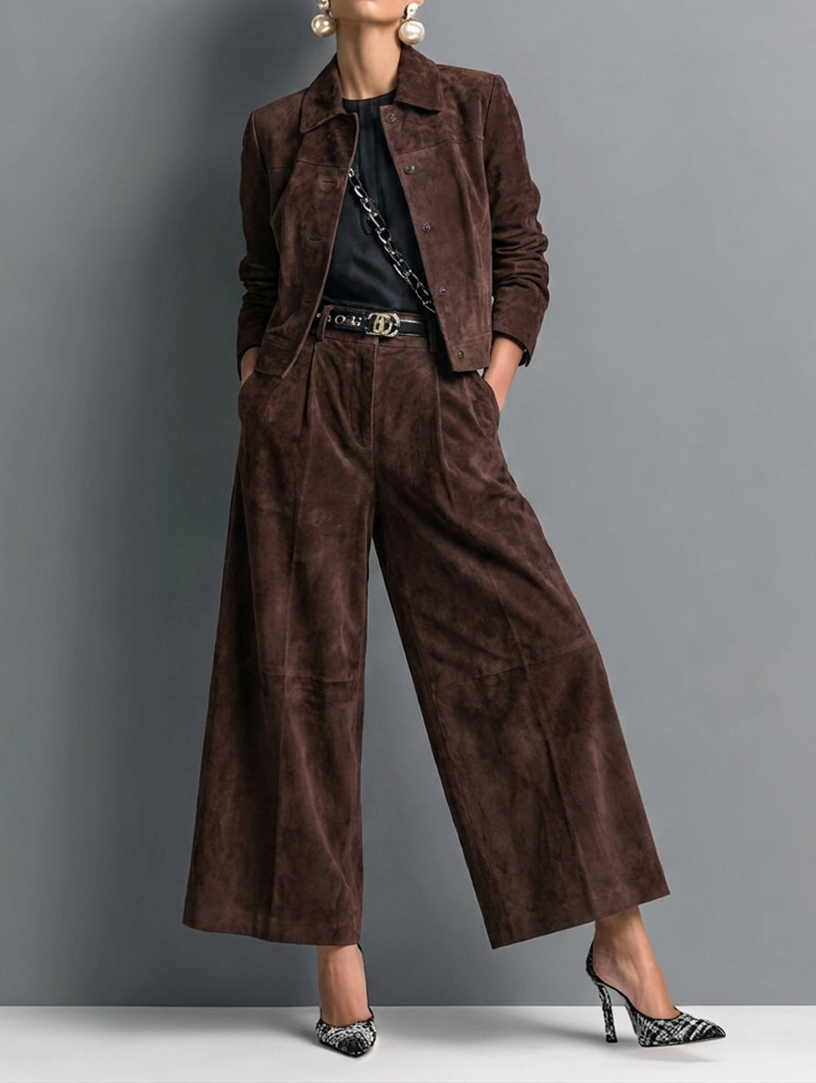 Women's Retro Faux Suede Jacket And Wide-Leg Trousers Set MDZ1985H4WY