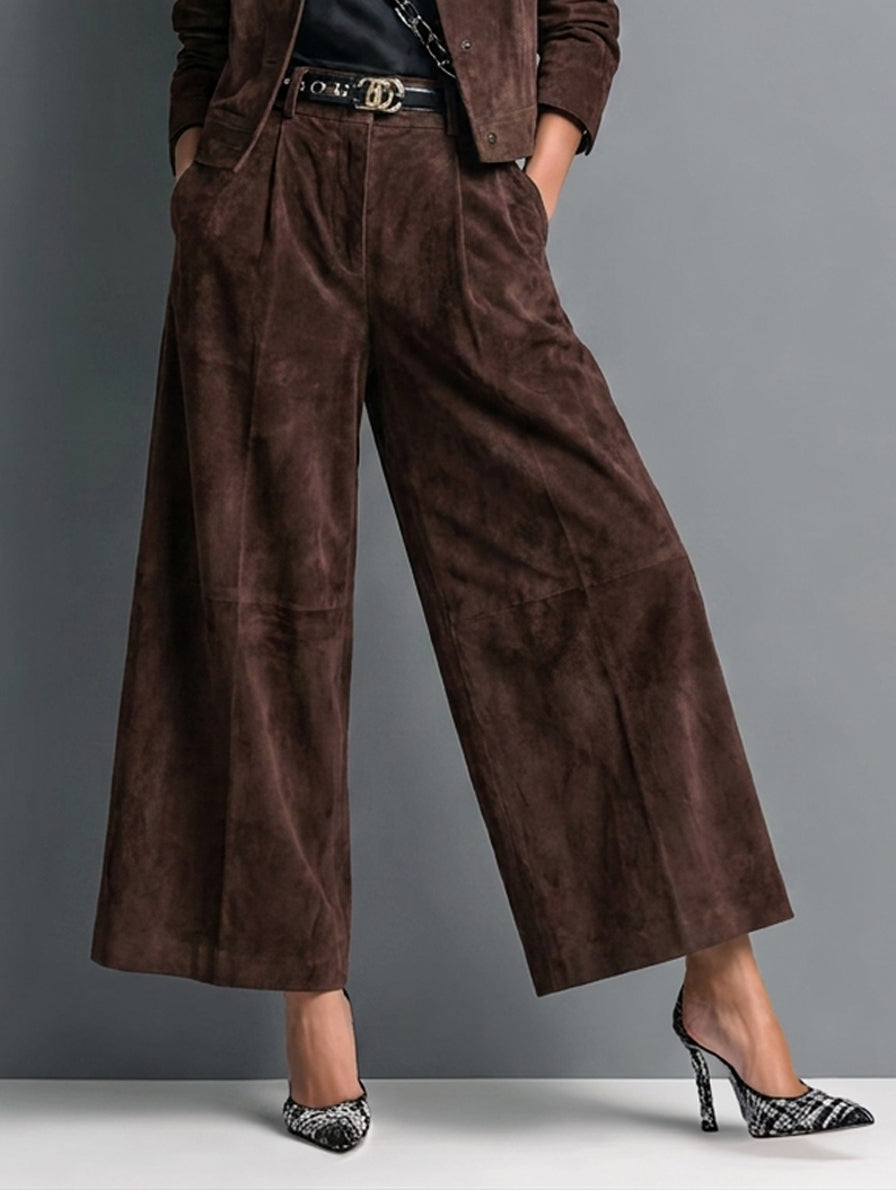 Women's Retro Faux Suede Jacket And Wide-Leg Trousers Set MDZ1985H4WY