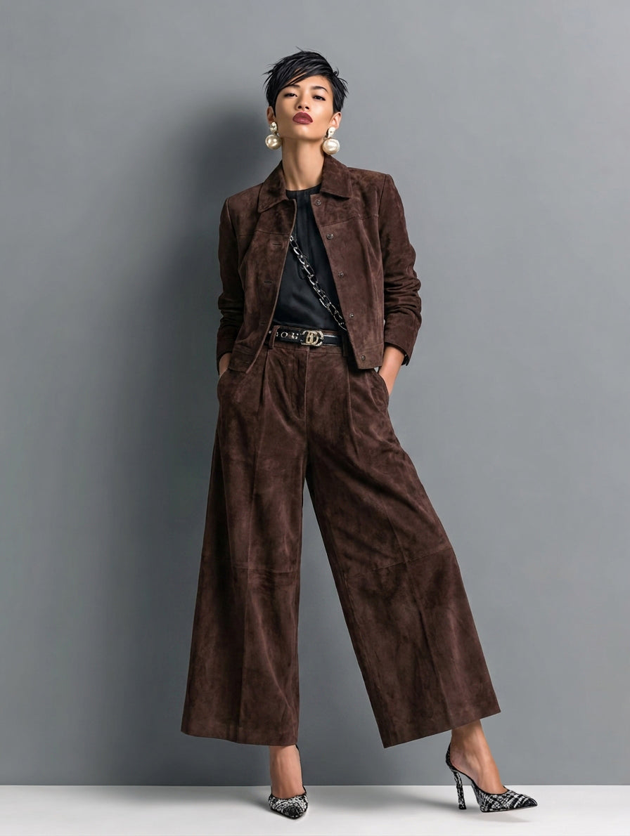 Women's Retro Faux Suede Jacket And Wide-Leg Trousers Set MDZ1985H4WY