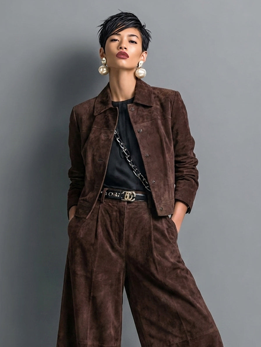 Women's Retro Faux Suede Jacket And Wide-Leg Trousers Set MDZ1985H4WY