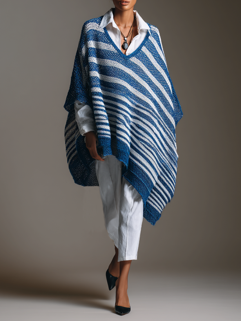 Women's Vintage V-Neck Horizontal Stripe Jacquard Mid-Sleeve Sweater MDZ1912H7WY