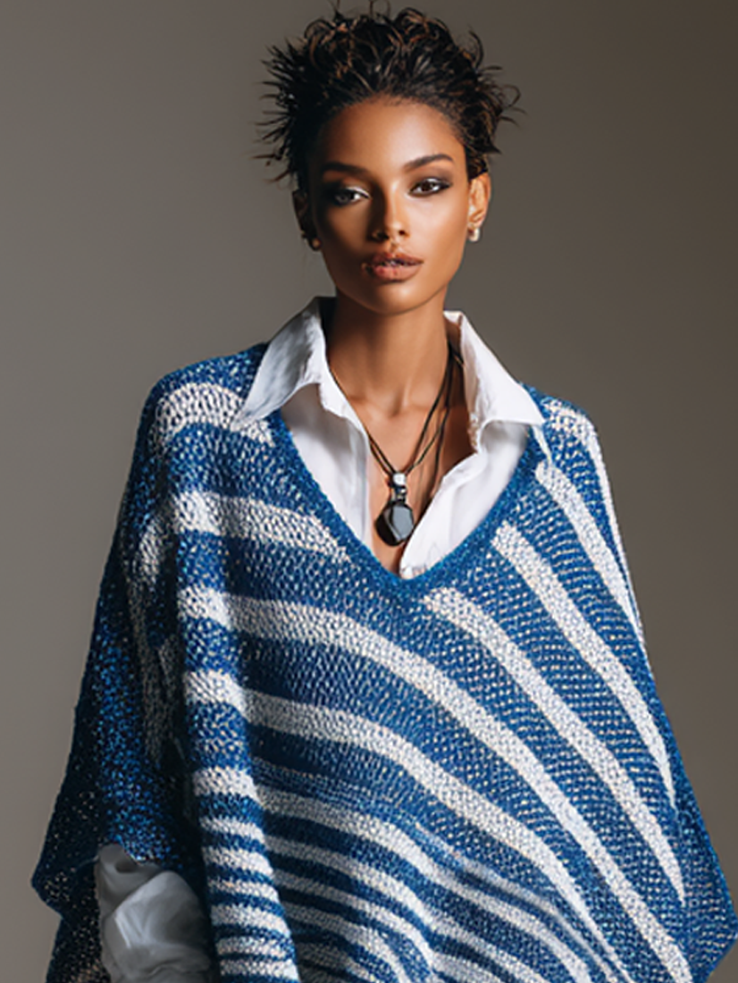 Women's Vintage V-Neck Horizontal Stripe Jacquard Mid-Sleeve Sweater MDZ1912H7WY