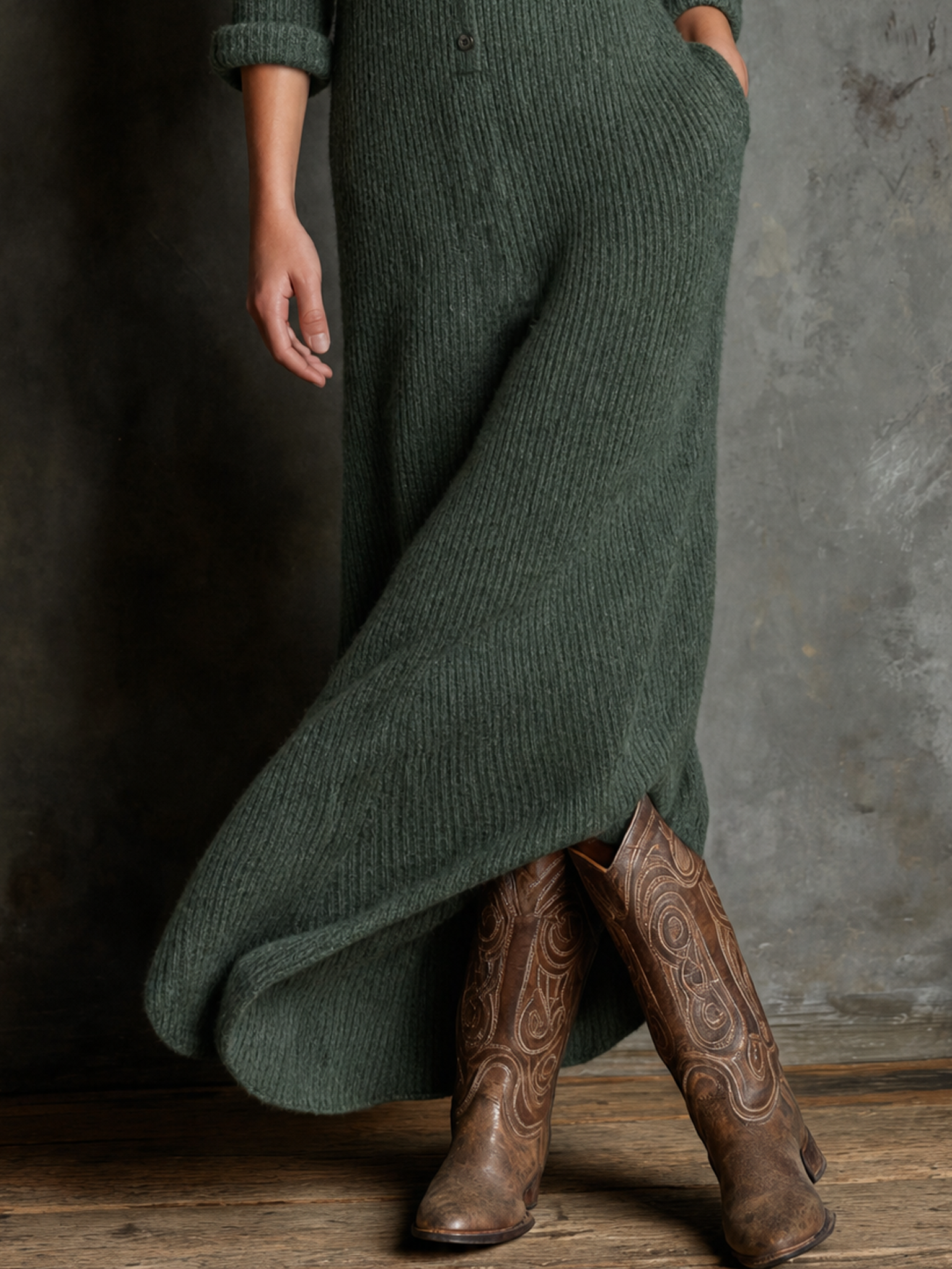 Women's Vintage Button-Front Collared Maxi Sweater Dress MDZ1977H3WY