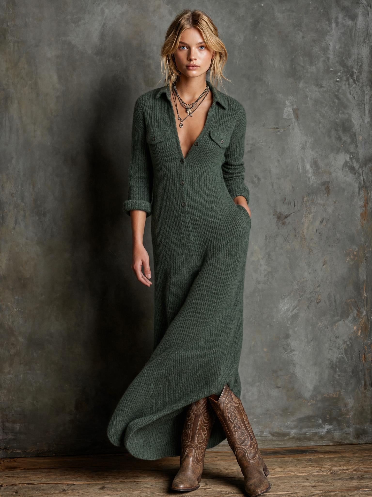 Women's Vintage Button-Front Collared Maxi Sweater Dress MDZ1977H3WY