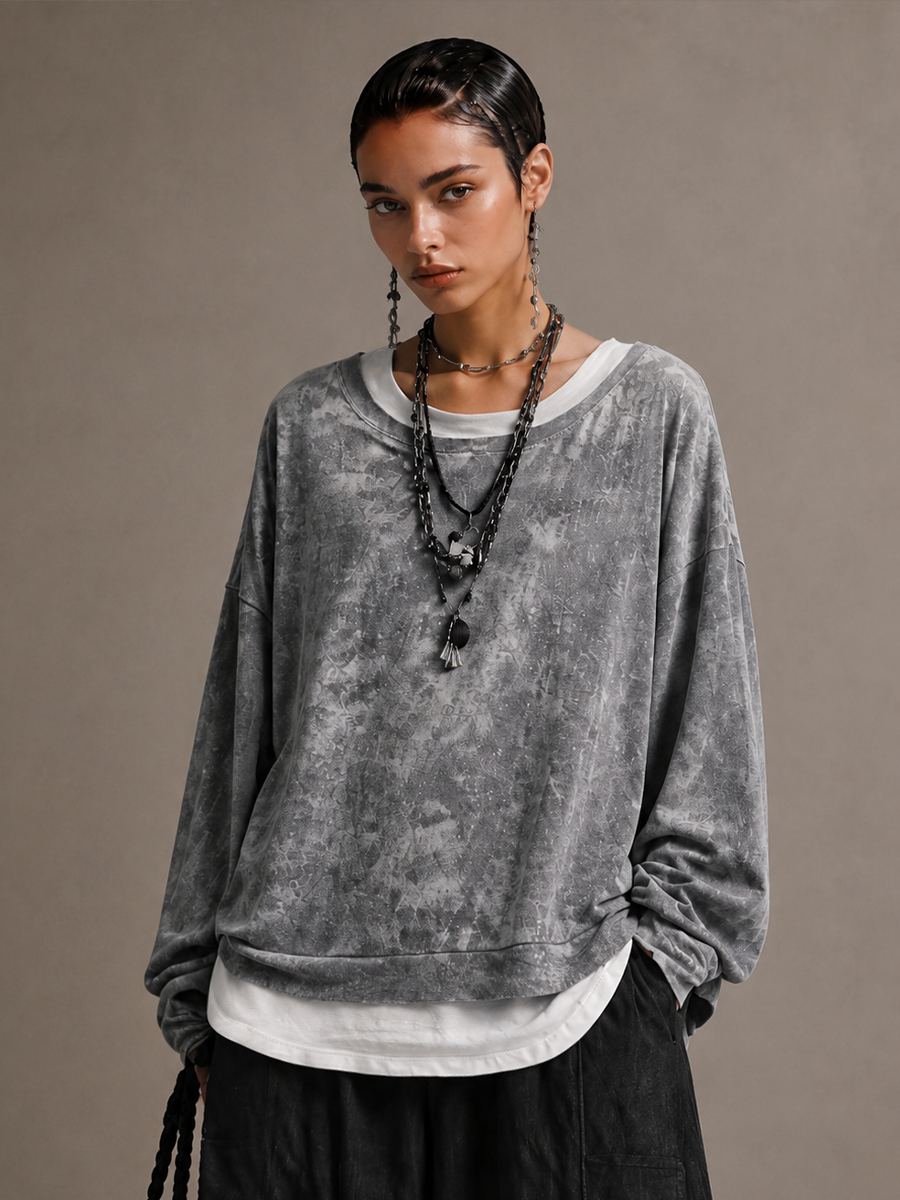 Women's Washed Faux-Layered Casual Long Sleeve Sweatshirt MDZ1824H1GMJ