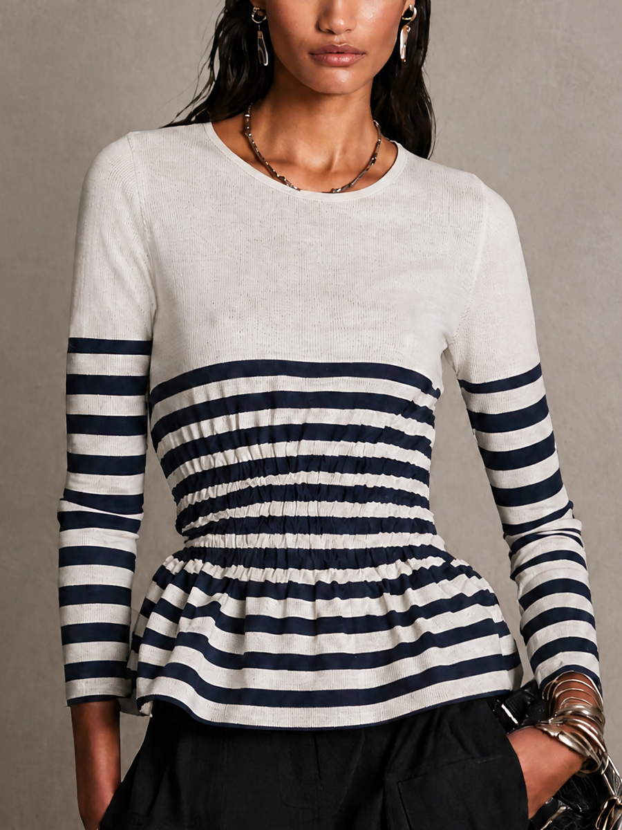 Women's Striped Long-Sleeve Knit Top With A Fitted Waist MDZ1802H5GMJ