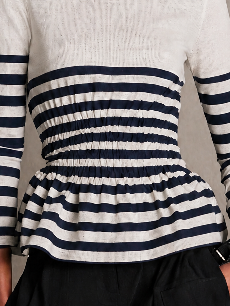 Women's Striped Long-Sleeve Knit Top With A Fitted Waist MDZ1802H5GMJ