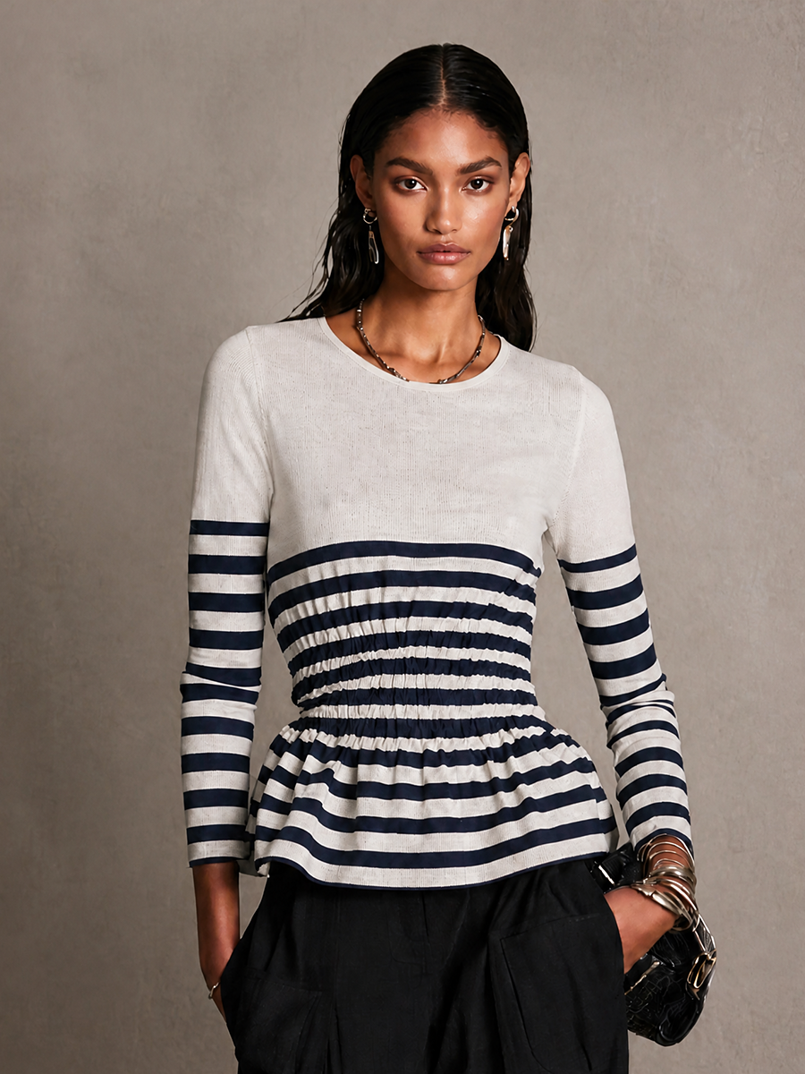 Women's Striped Long-Sleeve Knit Top With A Fitted Waist MDZ1802H5GMJ