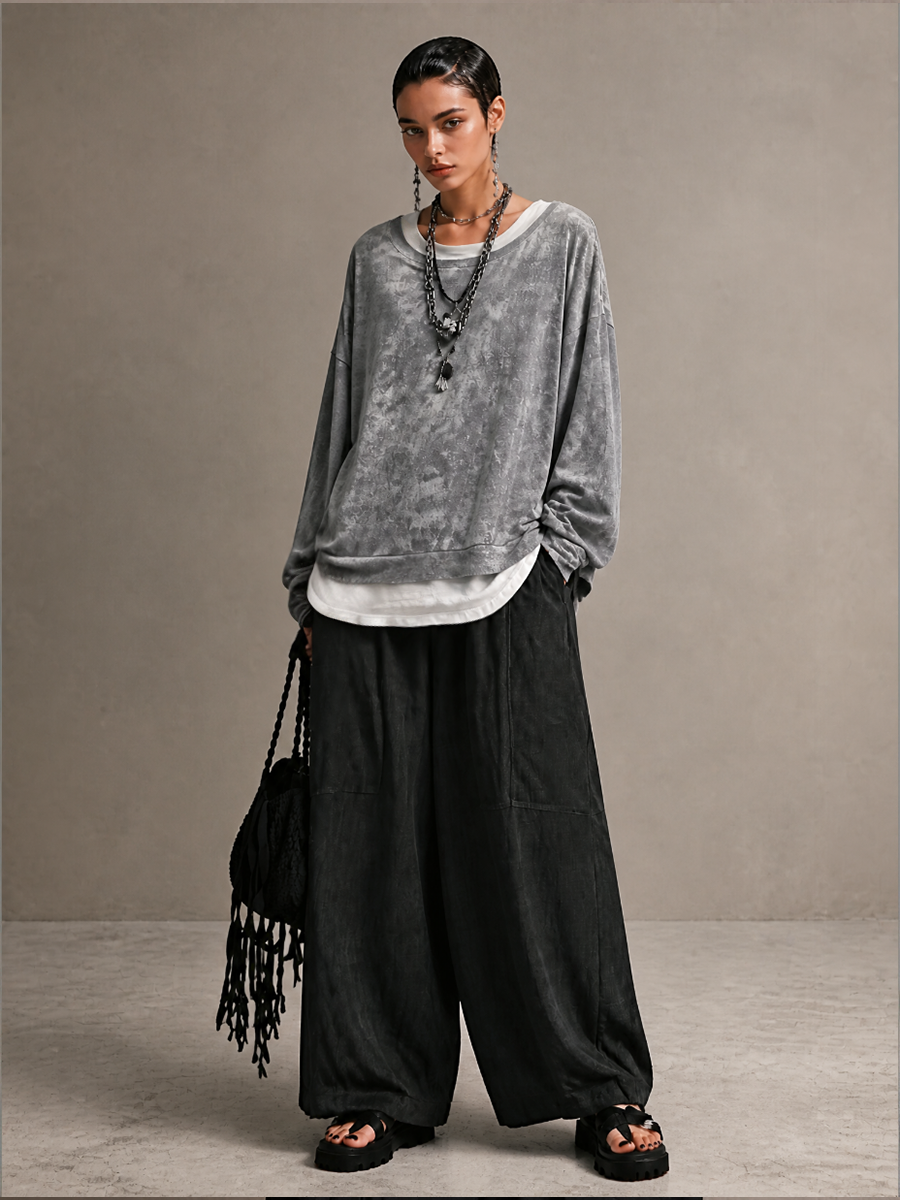 Women's Casual Washed-Finish Sweatshirt And Pants Set MDZ1877H2GMJ