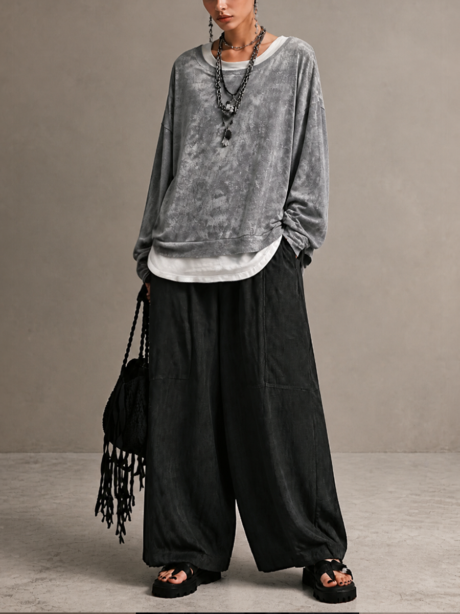Women's Casual Washed-Finish Sweatshirt And Pants Set MDZ1877H2GMJ