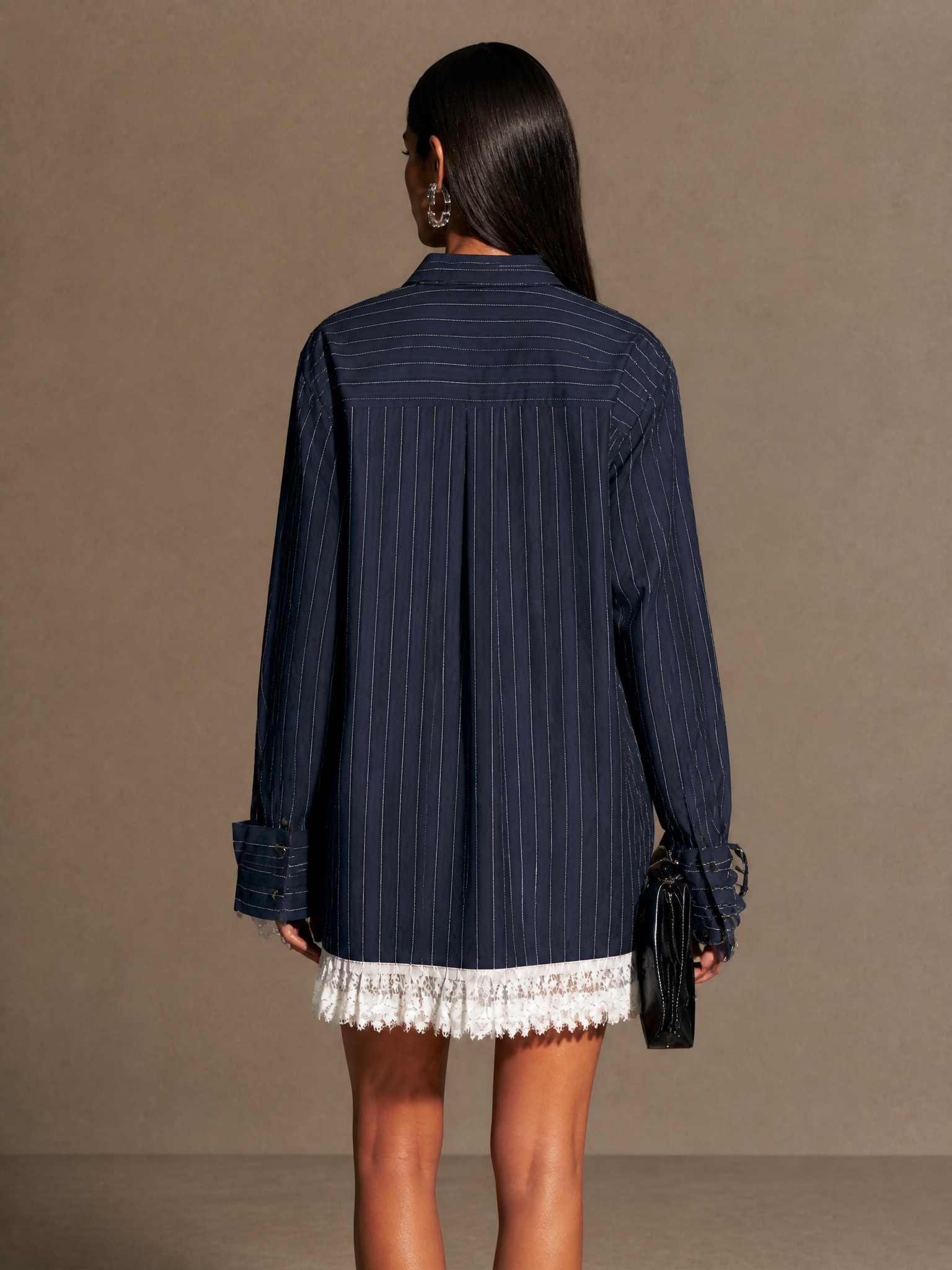 Women's Pinstriped Lace-Trimmed Casual Shirt Dress MDZ1914H8GMJ