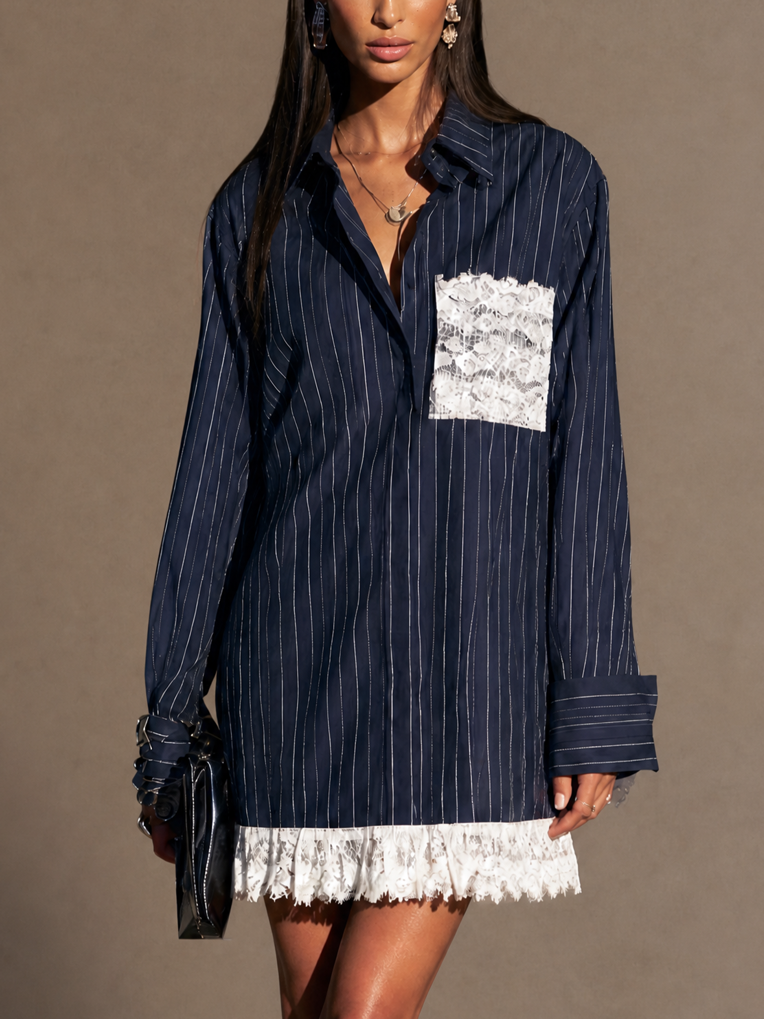Women's Pinstriped Lace-Trimmed Casual Shirt Dress MDZ1914H8GMJ