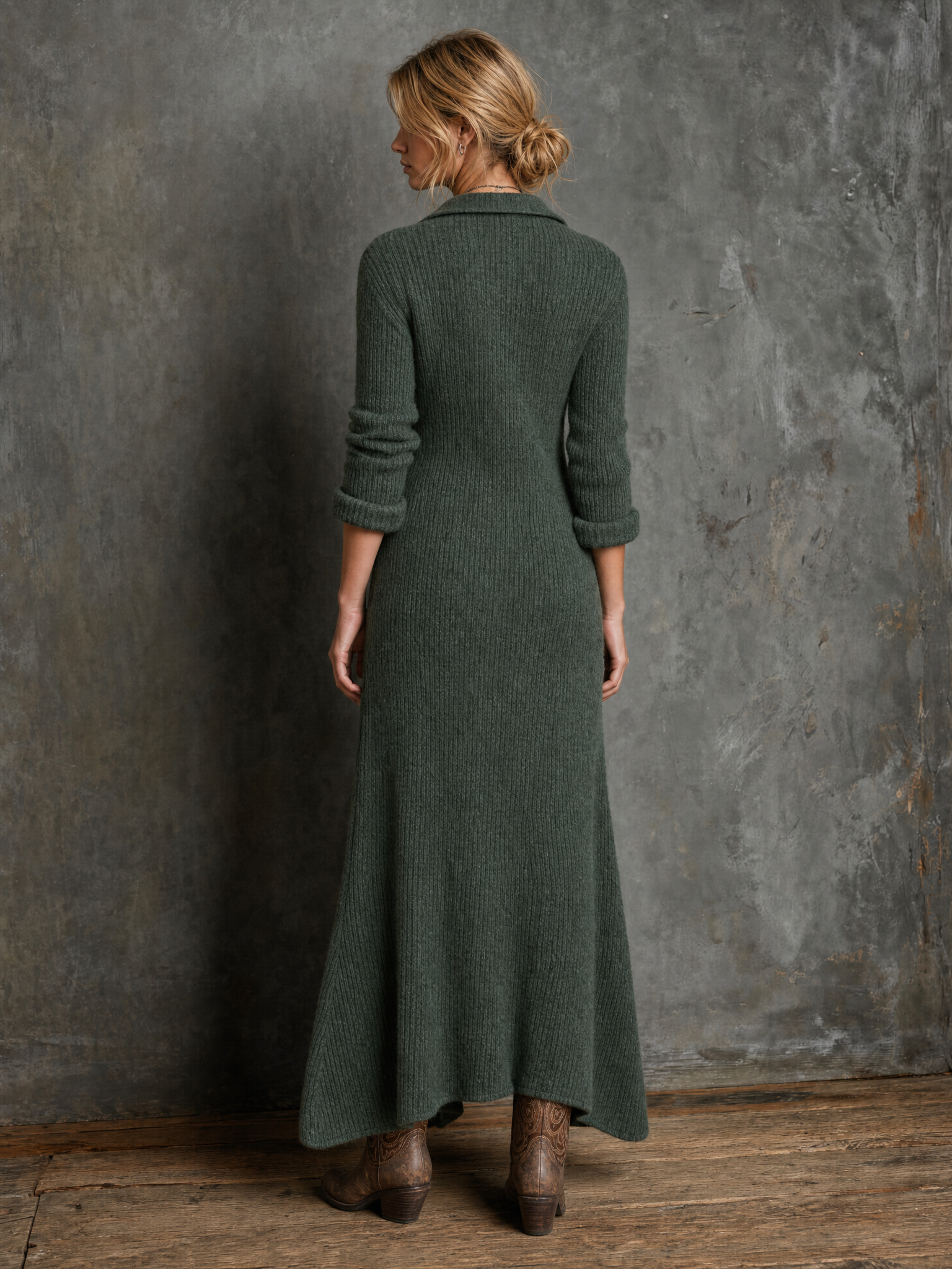 Women's Vintage Button-Front Collared Maxi Sweater Dress MDZ1977H3WY