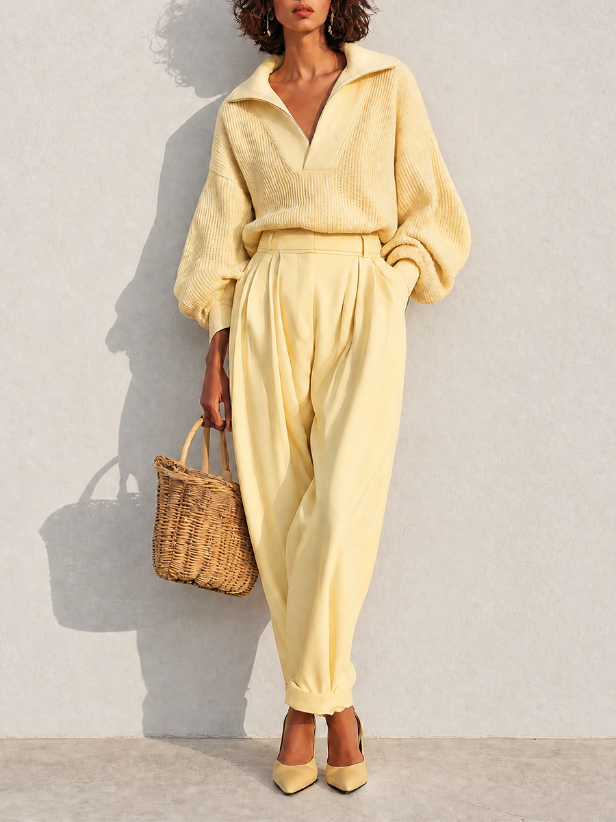 Women's Elegant Wool-Knit Collared Dropped-Shoulder Blouson-Sleeve Sweater & High-Waisted Pleated Tapered Trouser Set MDZ2067H0CMX
