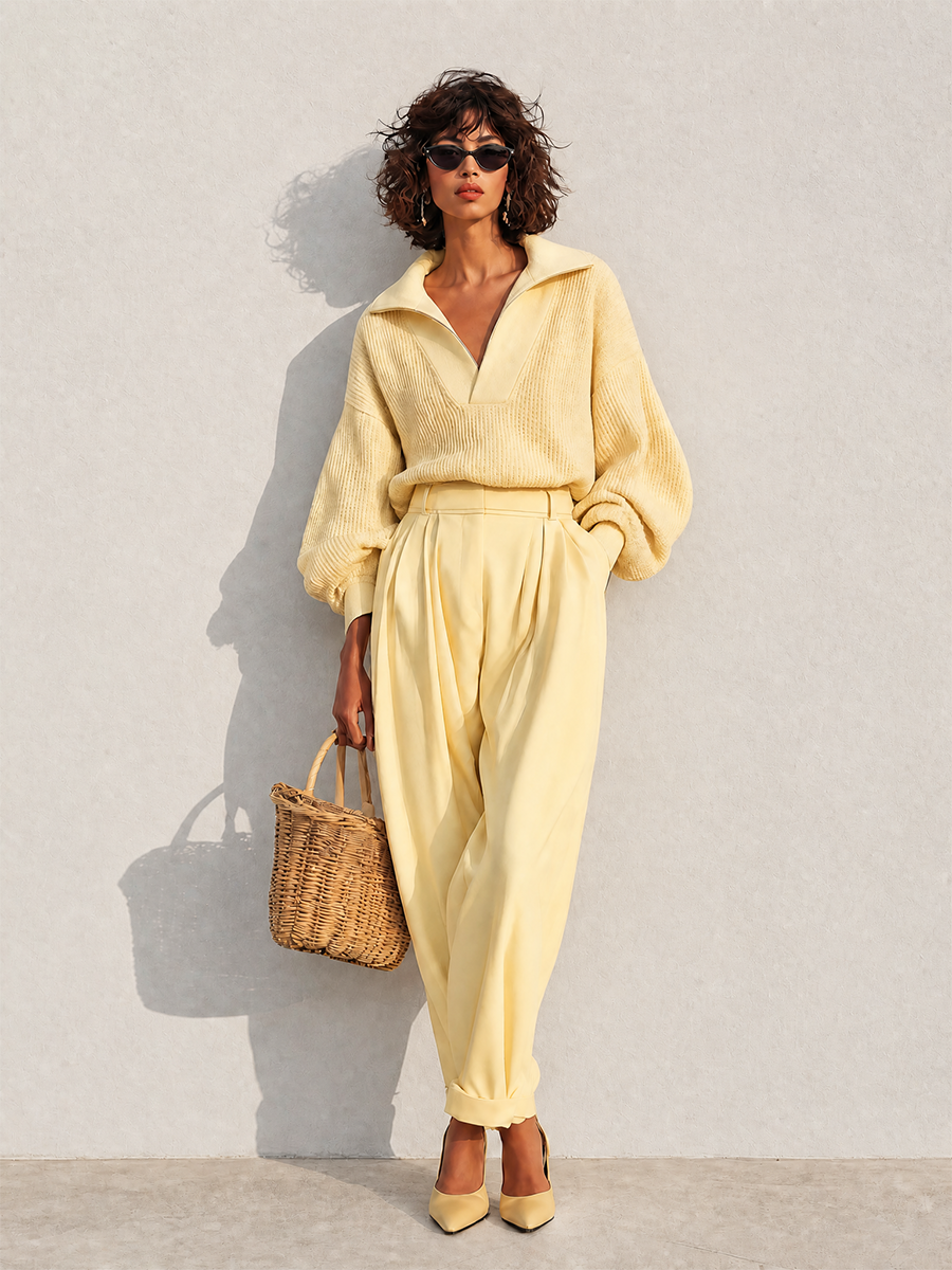 Women's Elegant Wool-Knit Collared Dropped-Shoulder Blouson-Sleeve Sweater & High-Waisted Pleated Tapered Trouser Set MDZ2067H0CMX