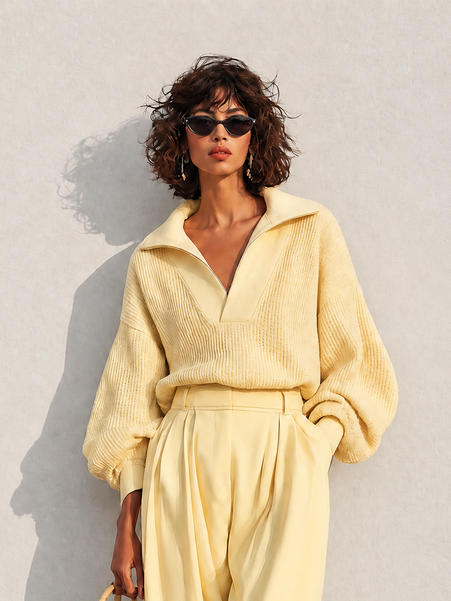 Women's Elegant Wool-Knit Collared Dropped-Shoulder Blouson-Sleeve Sweater & High-Waisted Pleated Tapered Trouser Set MDZ2067H0CMX