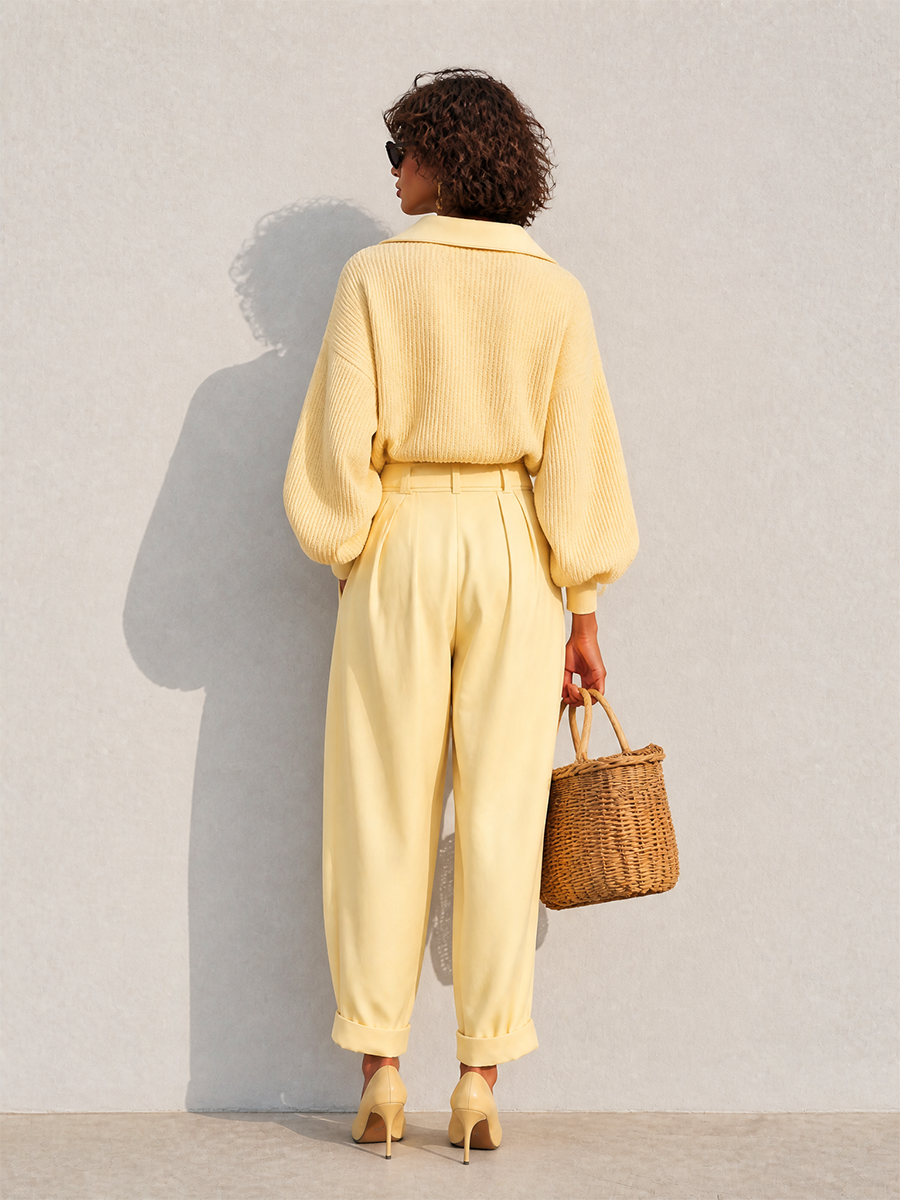 Women's Elegant Wool-Knit Collared Dropped-Shoulder Blouson-Sleeve Sweater & High-Waisted Pleated Tapered Trouser Set MDZ2067H0CMX